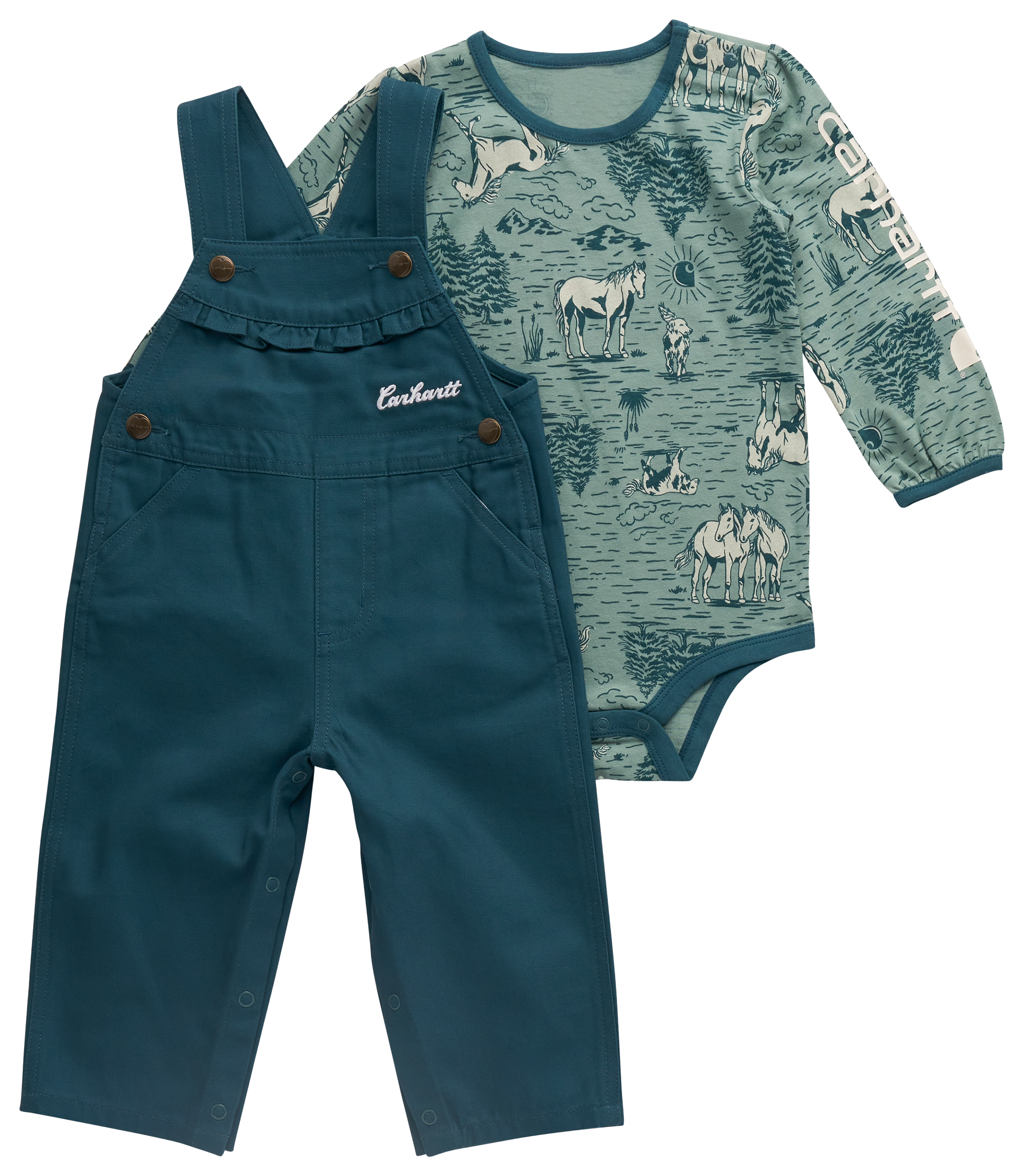 Image of Carhartt Horse Print Long-Sleeve Bodysuit and Canvas Overalls 2-Piece Set for Babies - Atlantic Deep