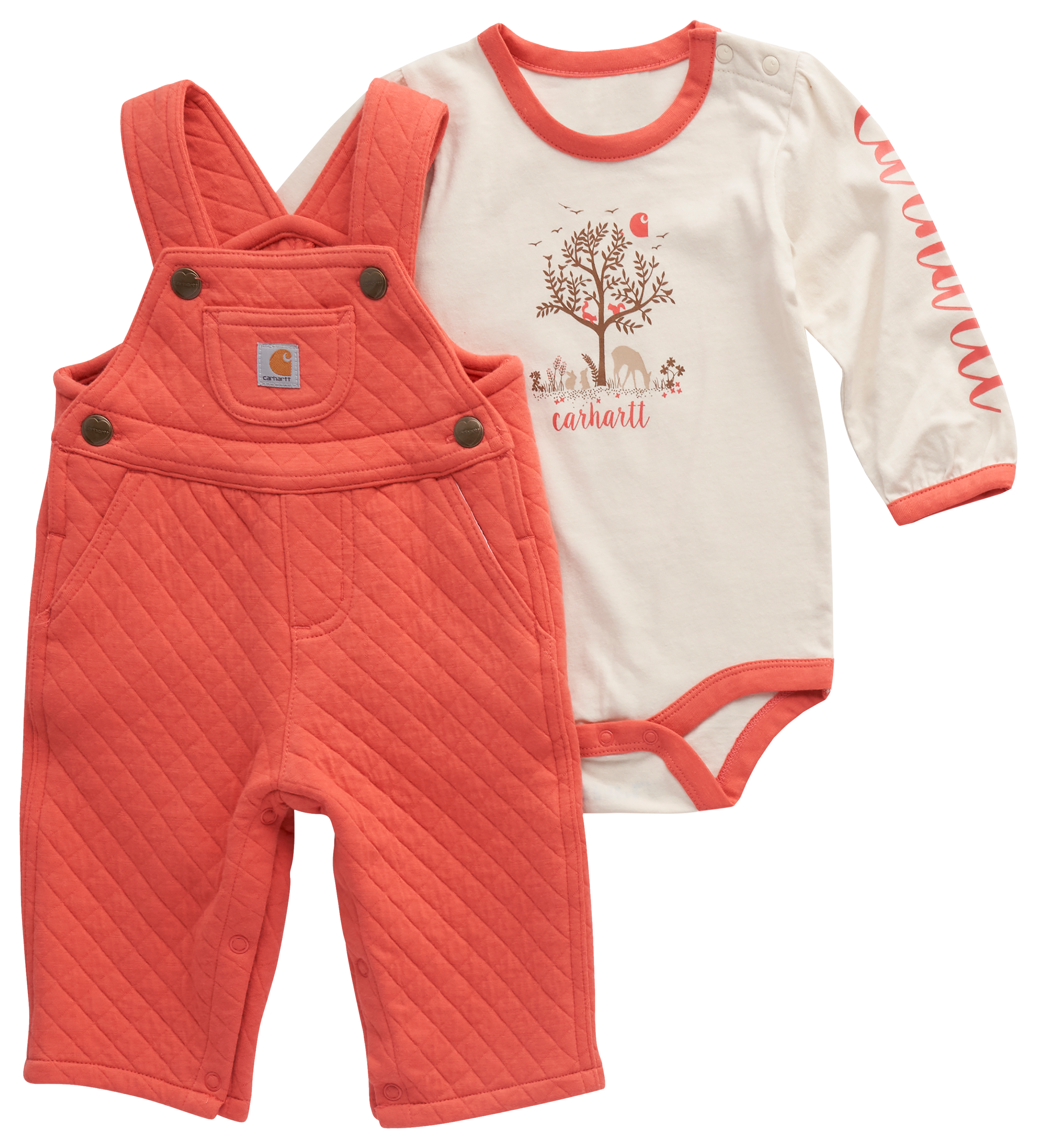 Image of Carhartt Deer Print Long-Sleeve Bodysuit and Quilted Overalls 2-Piece Set for Babies