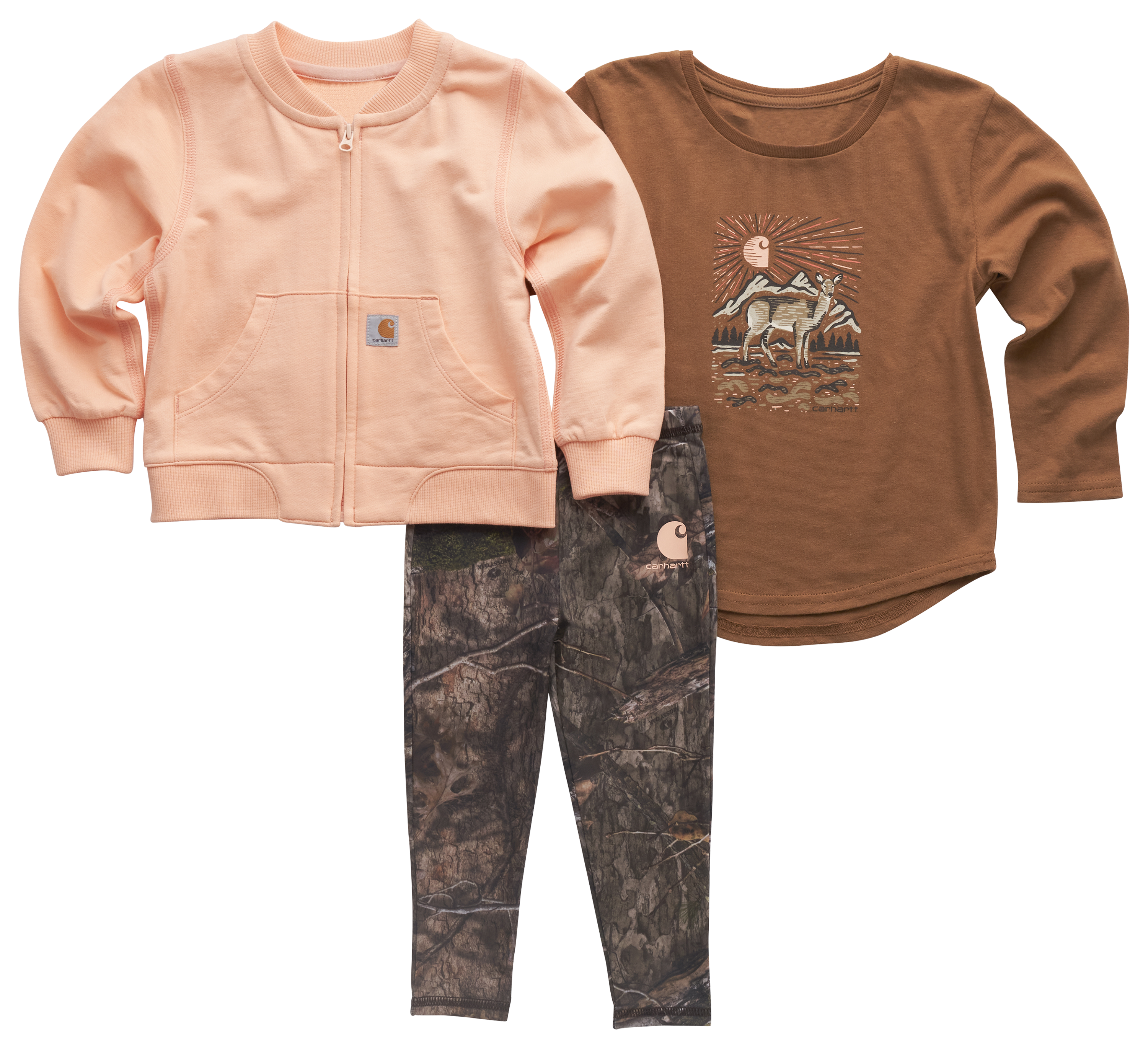 Image of Carhartt French Terry Bomber Jacket, Long-Sleeve T-Shirt, Leggings 3-Piece Set for Babies - Mossy Oak Country DNA - 18 Month