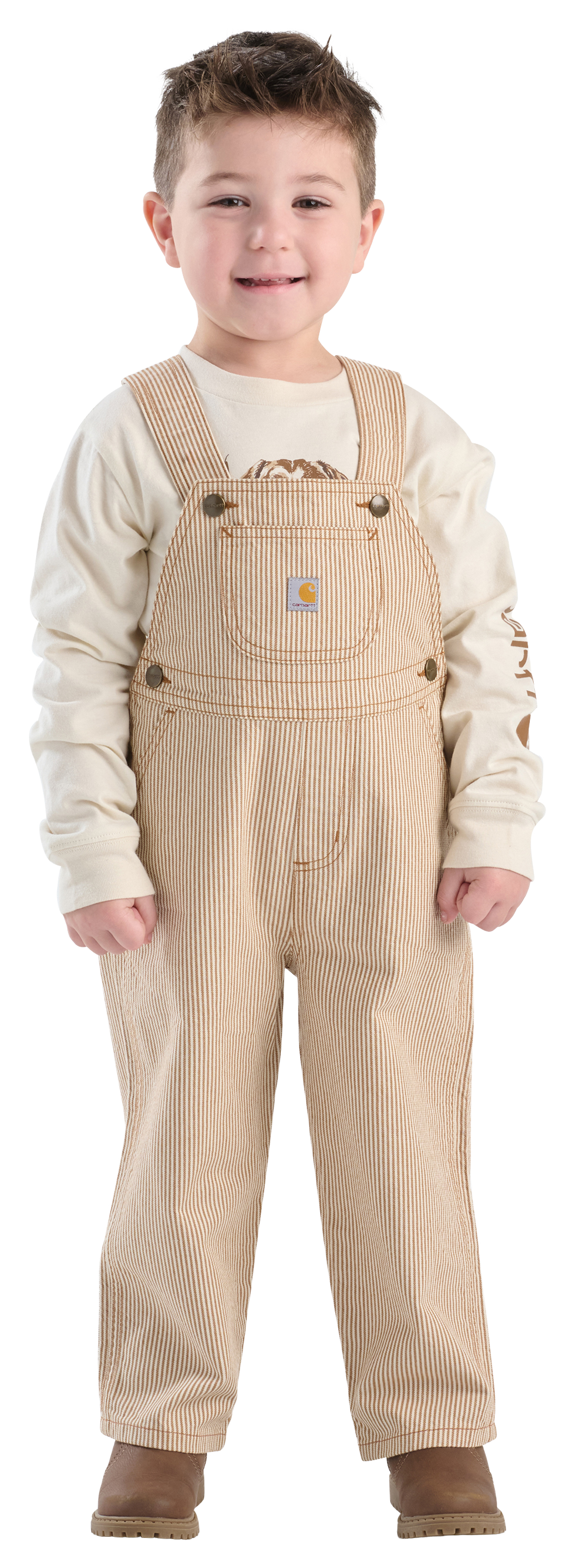Image of Carhartt Long-Sleeve T-Shirt and Stripe Overalls 2-Piece Set for Toddlers - Carhartt Brown