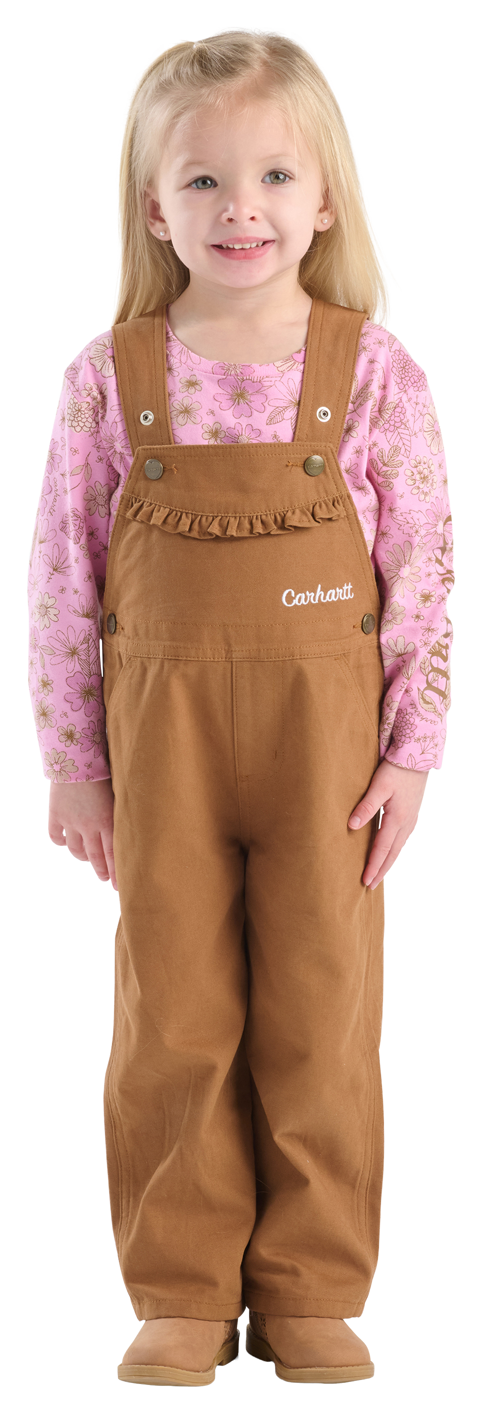 Image of Carhartt Floral Long-Sleeve T-Shirt and Canvas Overalls 2-Piece Set for Toddlers - Carhartt Brown