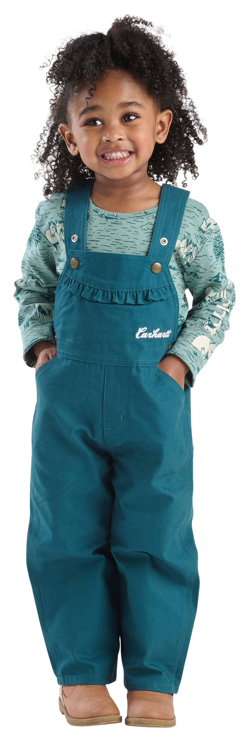 Image of Carhartt Horse Print Long-Sleeve T-Shirt and Canvas Overalls 2-Piece Set for Toddlers