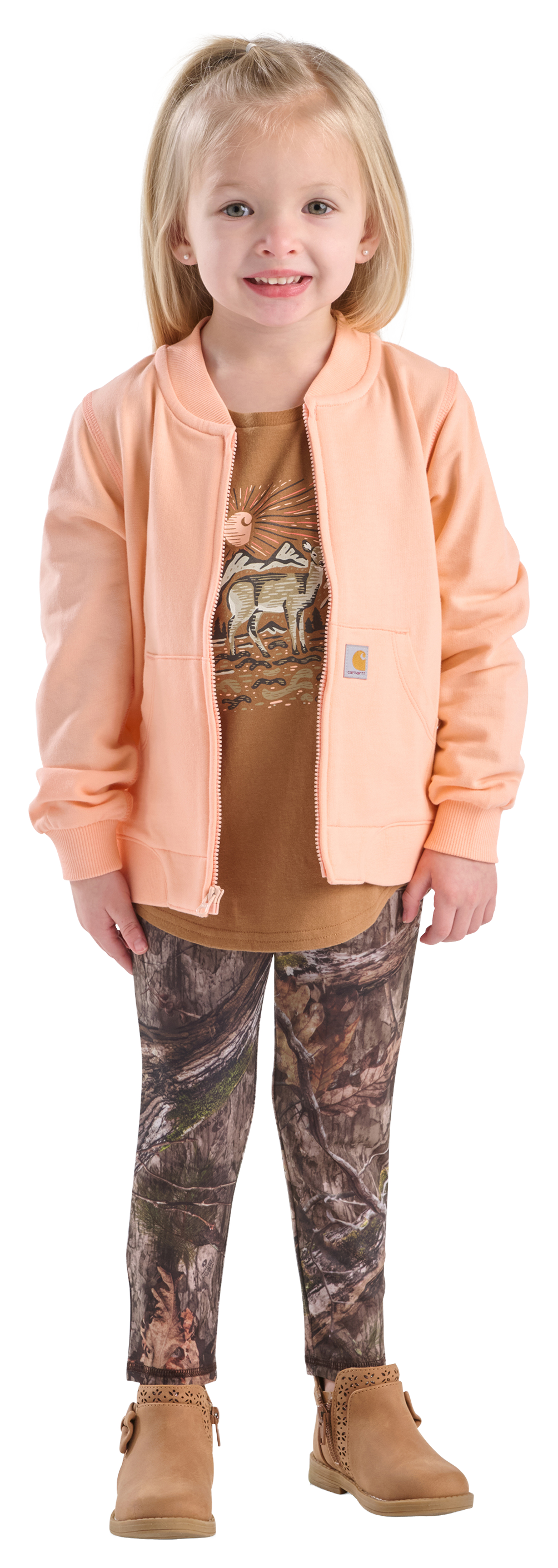Image of Carhartt French Terry Bomber Jacket, Long-Sleeve T-Shirt, Camo Leggings 3-PC Set for Toddlers - Mossy Oak Country DNA - 3T