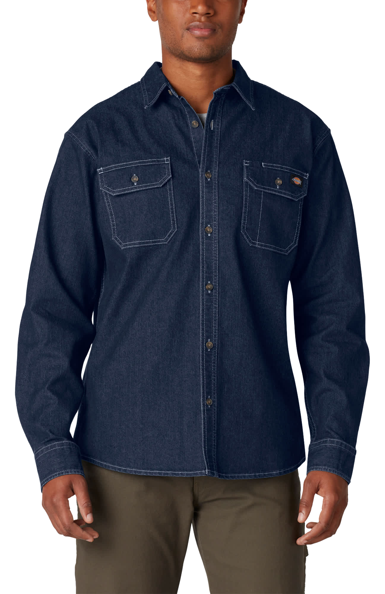 Image of Dickies FLEX Denim Long-Sleeve Shirt for Men - Dark Denim Wash