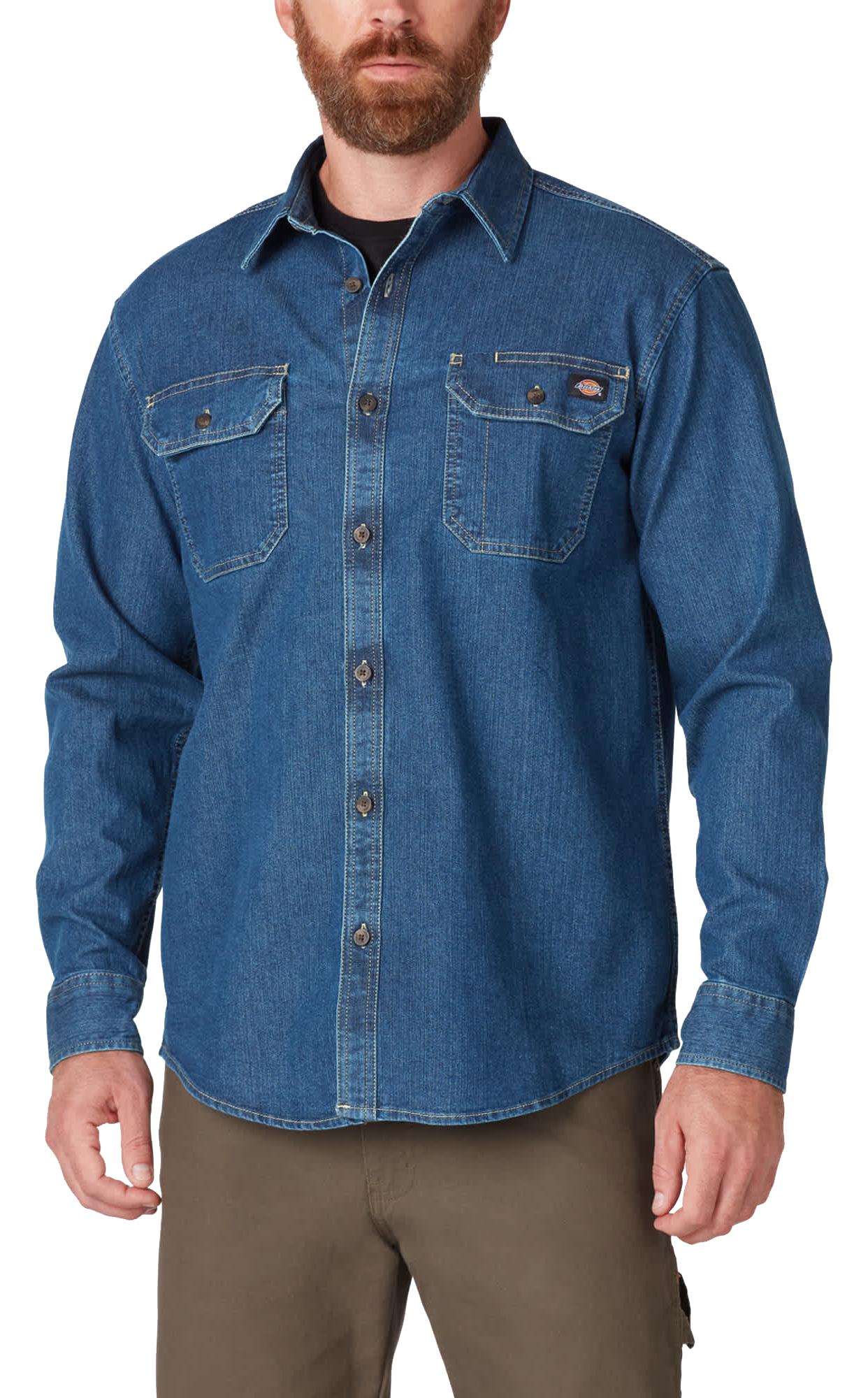 Image of Dickies FLEX Denim Long-Sleeve Shirt for Men - Medium Denim Wash - M