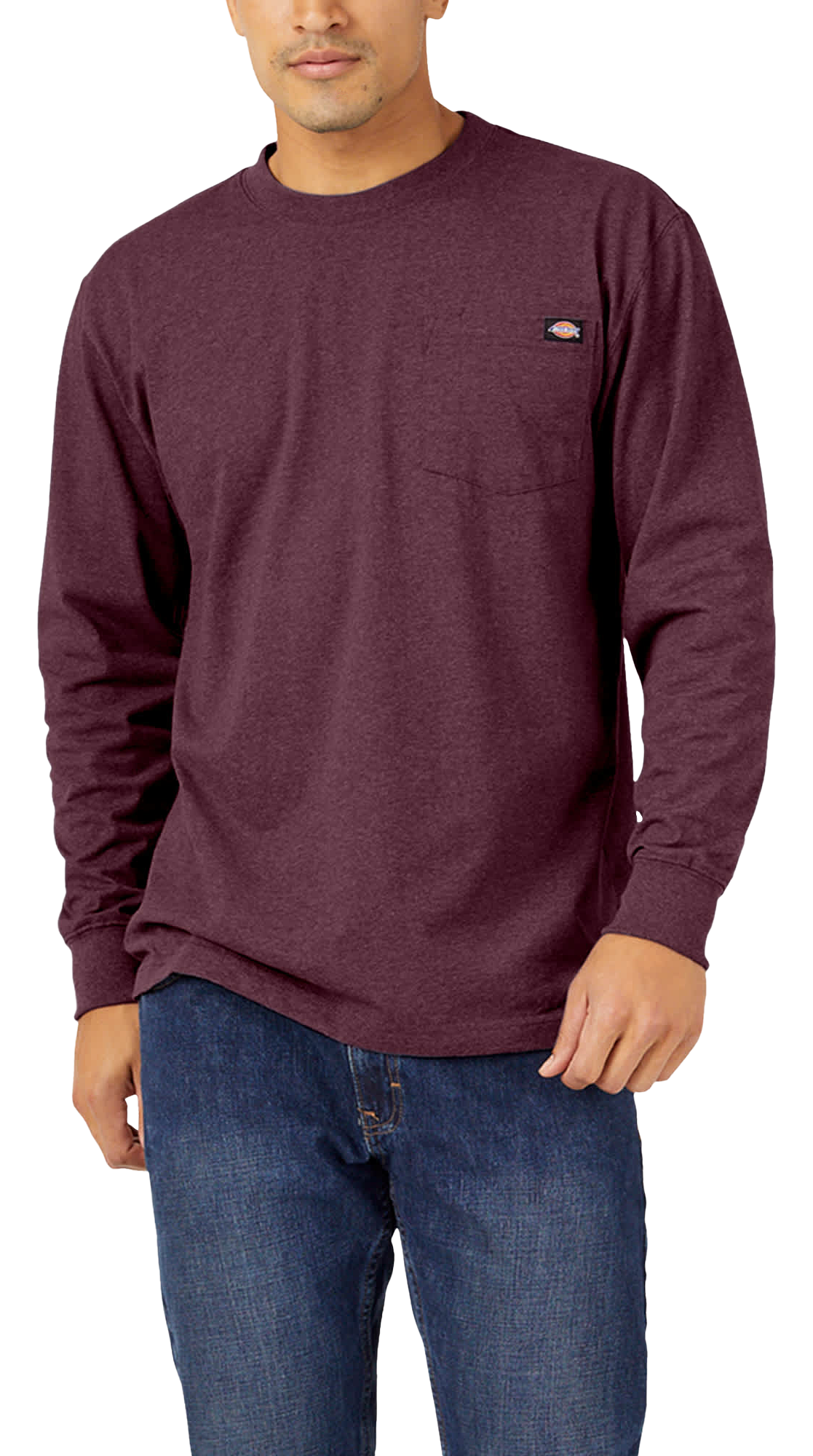 Image of Dickies Heavyweight Long-Sleeve Pocket T-Shirt for Men - Burgundy Single Dye