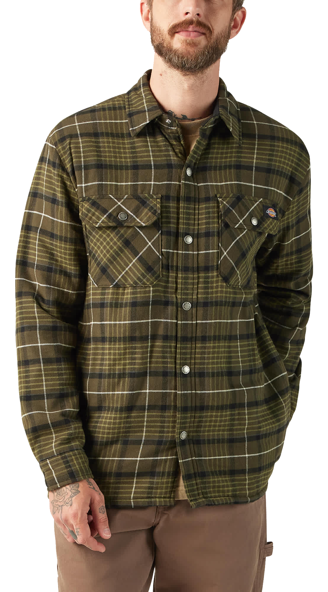 Image of Dickies Flannel Sherpa-Lined Hydroshield Shirt Jacket for Men - Tactical Green - L