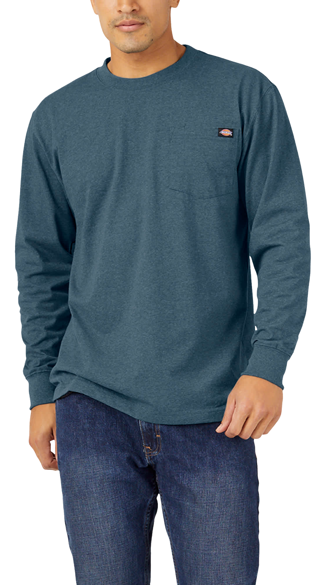 Image of Dickies Heavyweight Long-Sleeve Pocket T-Shirt for Men - Baltic Blue Single Dye