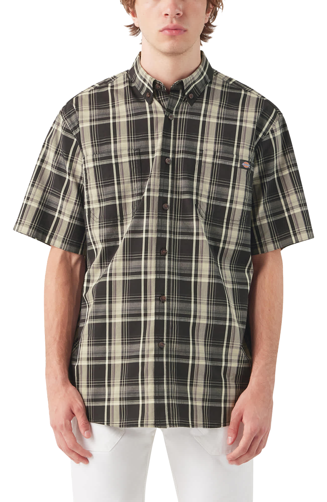Image of Dickies Plaid Relaxed-Fit Flex Short-Sleeve Shirt for Men - Black - 4XL