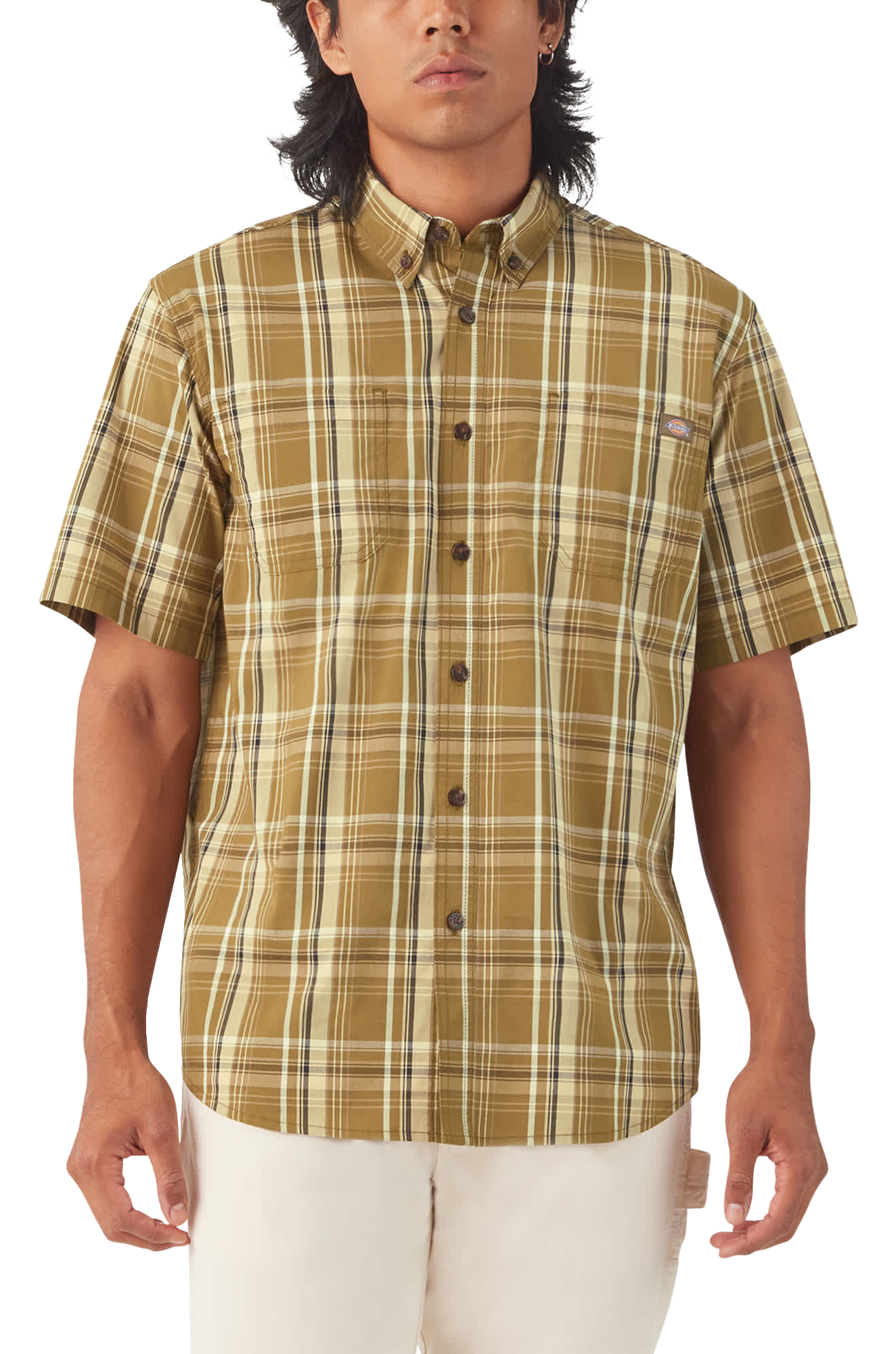 Image of Dickies Plaid Relaxed-Fit Flex Short-Sleeve Shirt for Men - Dark Olive - 2XL