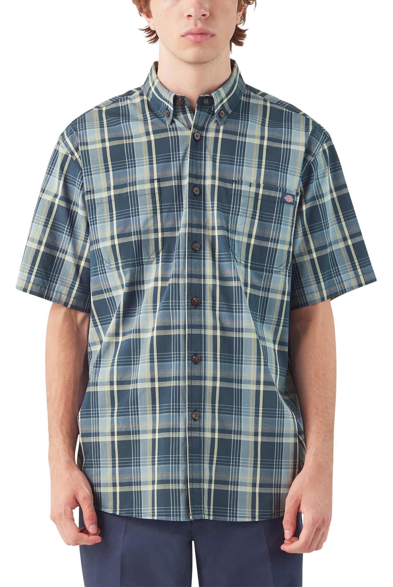 Image of Dickies Plaid Relaxed-Fit Flex Short-Sleeve Shirt for Men - Ink Navy - 3XL