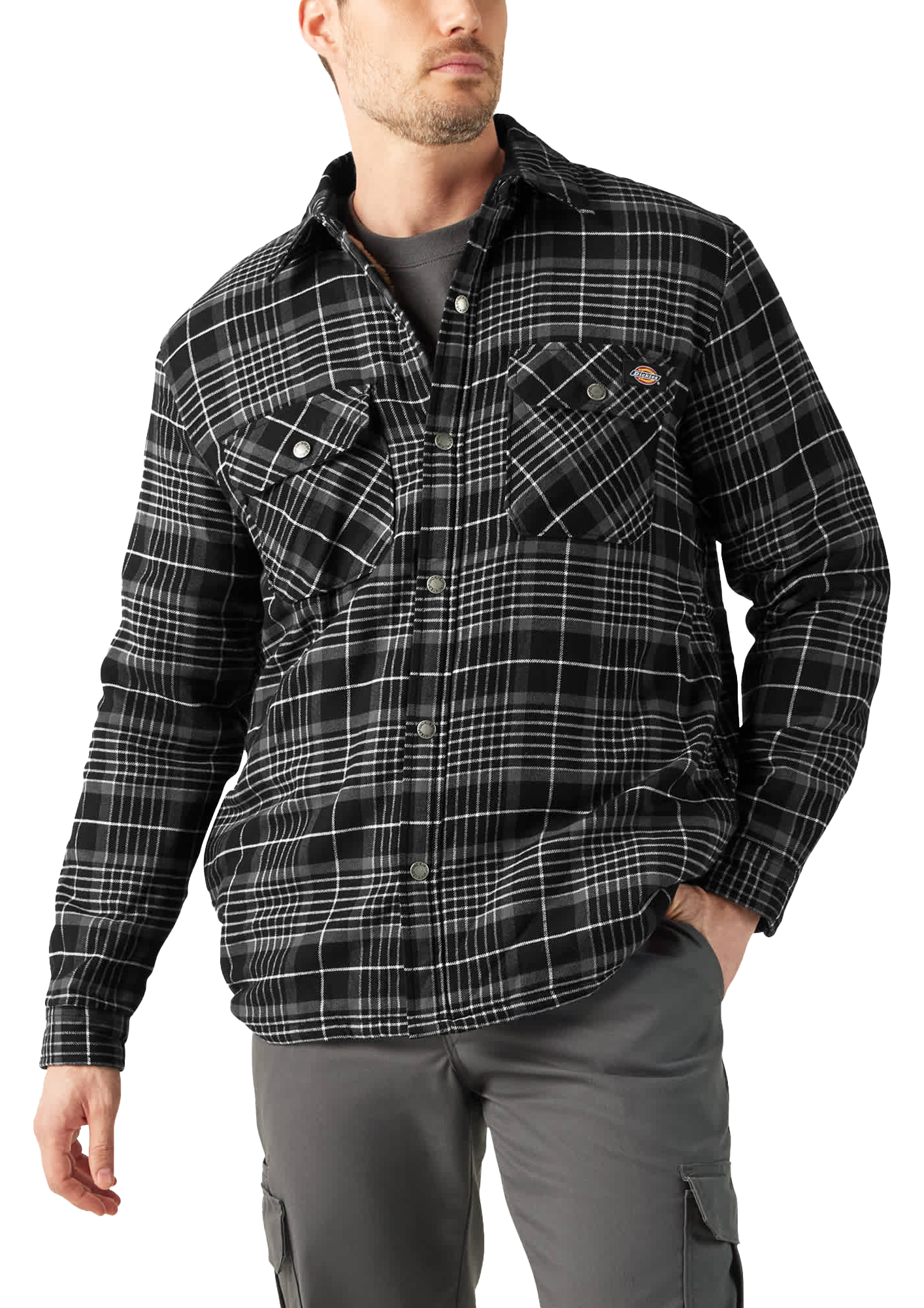 Image of Dickies Flannel Sherpa-Lined Hydroshield Shirt Jacket for Men - Black - 3XL
