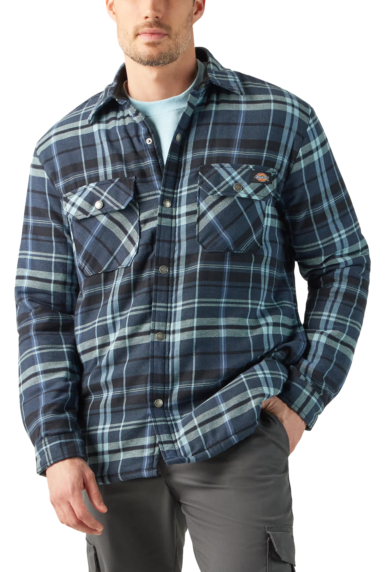Image of Dickies Flannel Sherpa-Lined Hydroshield Shirt Jacket for Men - Dark Navy - 2XL