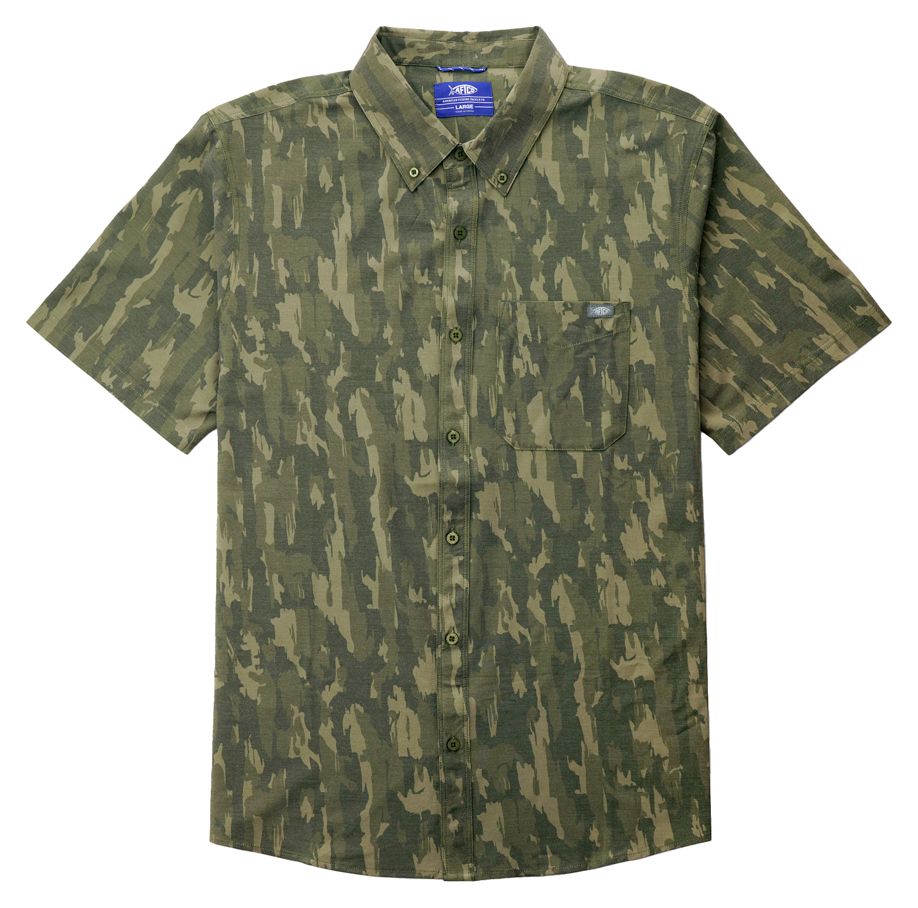 Image of AFTCO Boatbar Short-Sleeve Button-Down Shirt for Men - Olive Current Camo