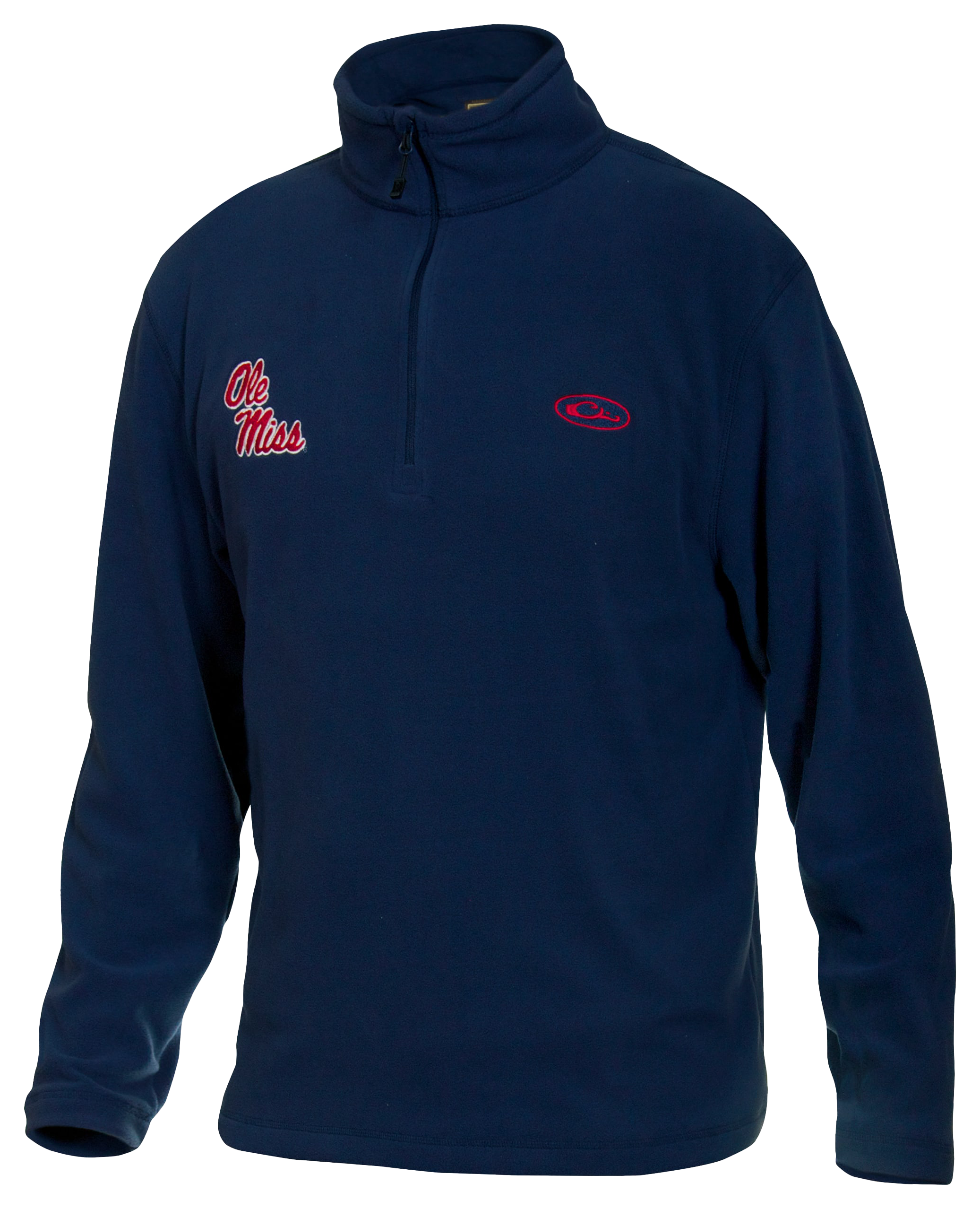 Image of Drake Waterfowl Collegiate Camp Fleece 1/4-Zip Pullover for Men - University of Mississippi/Navy - S