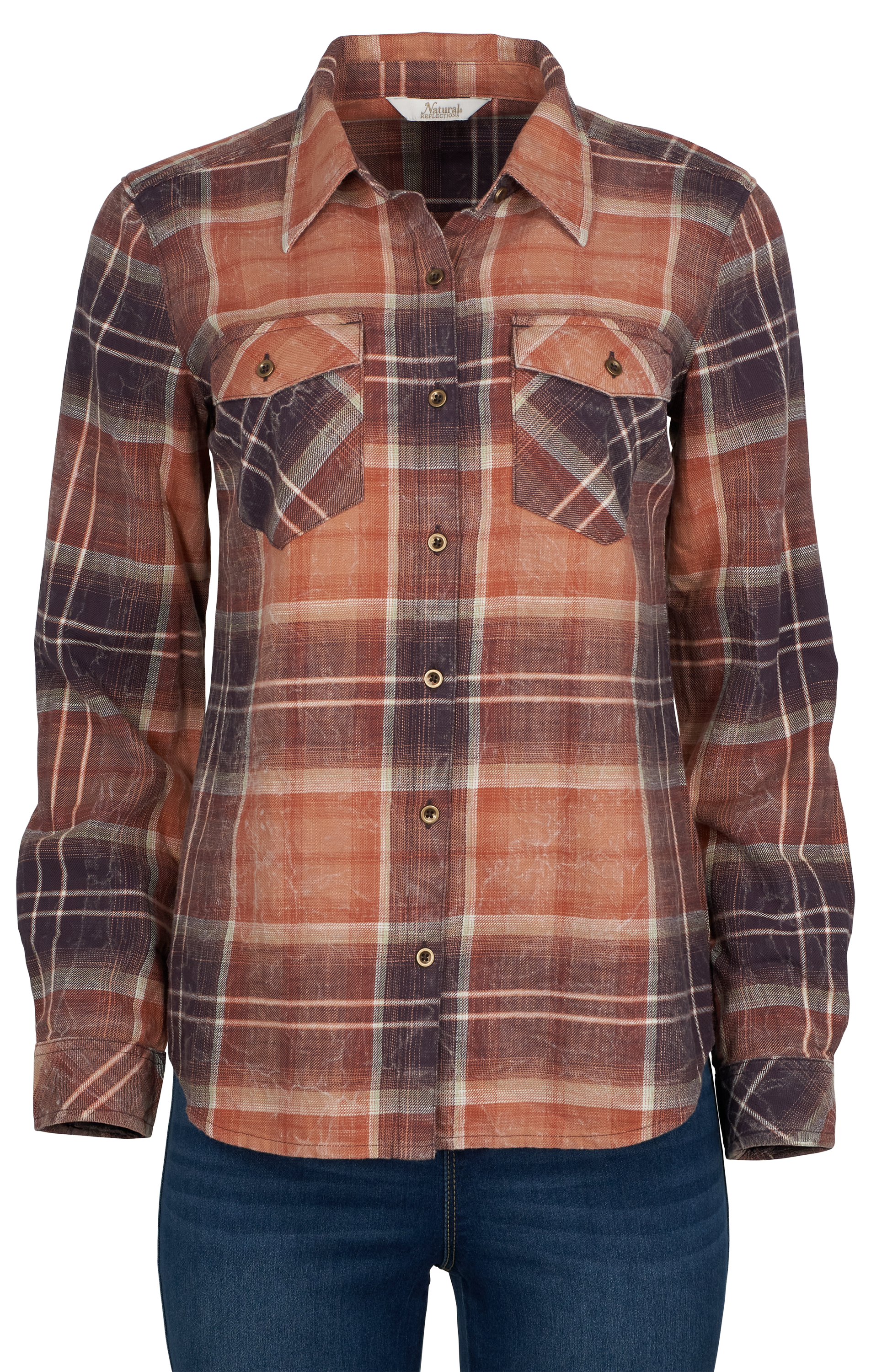 NATURAL REFLECTIONS Acid Wash Plaid Button-Down 2-Pocket Long-Sleeve Shirt