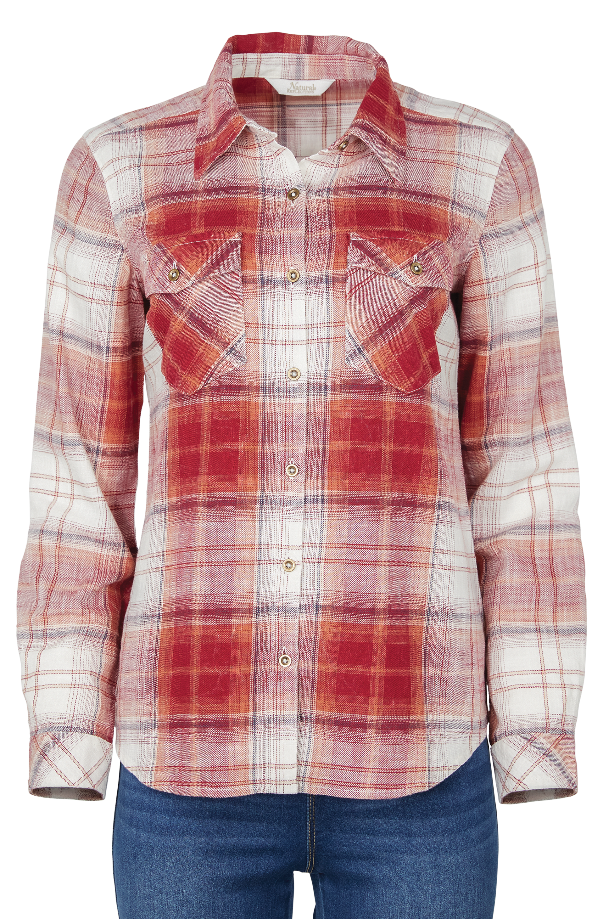 NATURAL REFLECTIONS Acid Wash Plaid Button-Down 2-Pocket Long-Sleeve Shirt