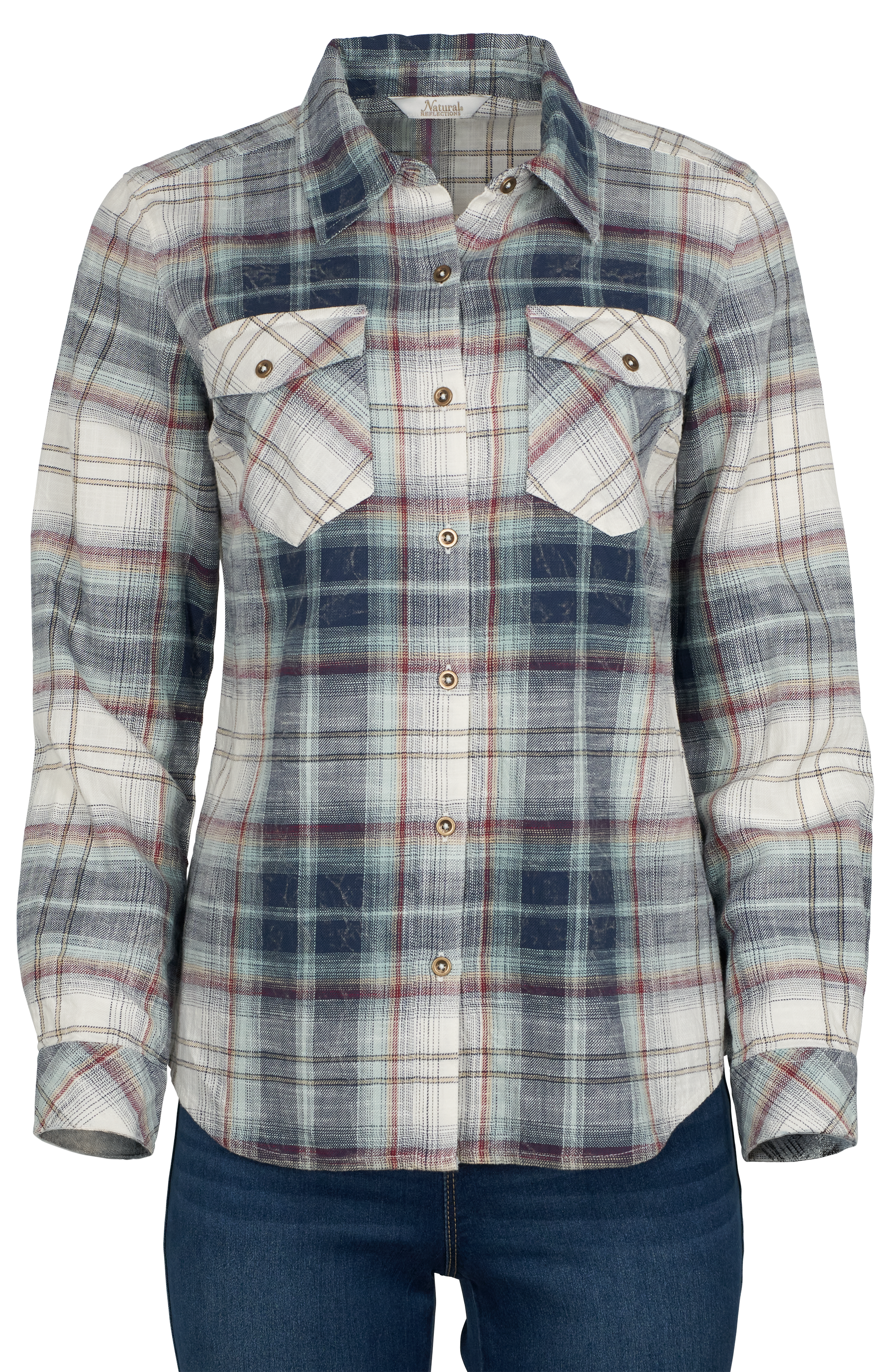 Image of Natural Reflections Acid Wash Plaid Button-Down 2-Pocket Long-Sleeve Shirt - Egret Navy Plaid