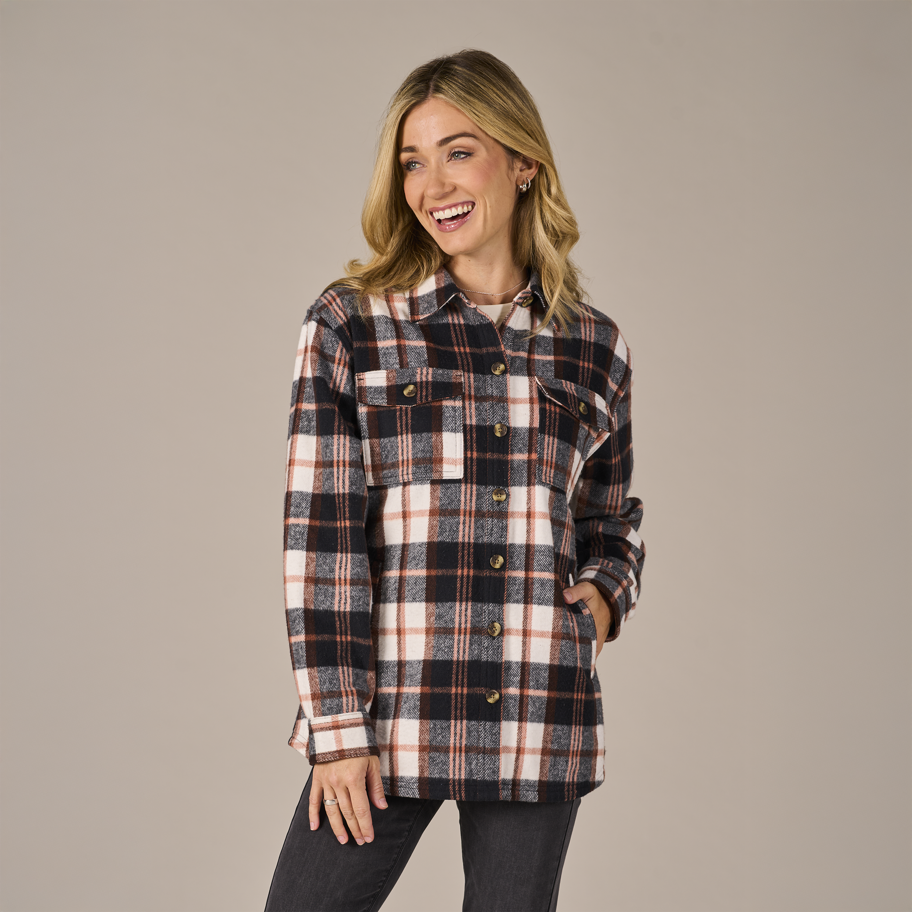 Image of Natural Reflections Rustic Ridge Flannel Shirt Jacket for Ladies - Moonless Night Plaid - L