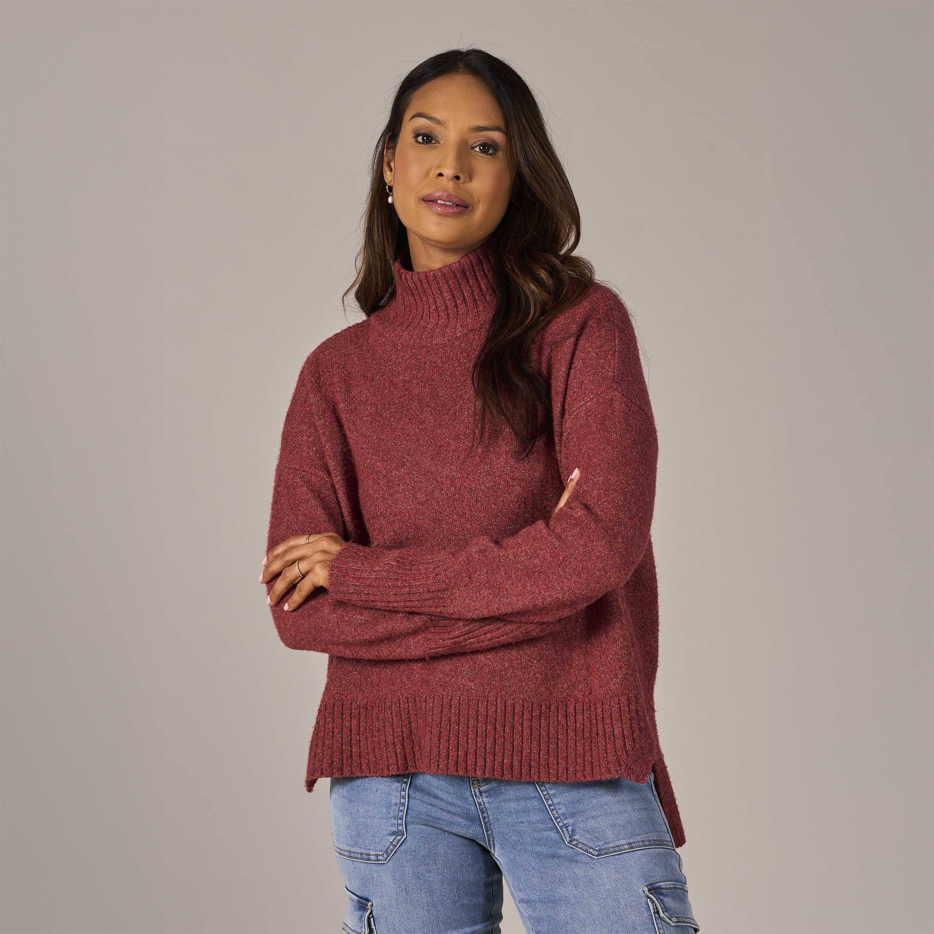 NATURAL REFLECTIONS Autumn Woods Mock-Neck Long-Sleeve Sweater for Ladies