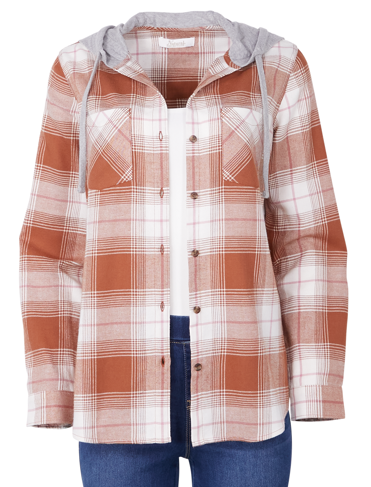 Image of Natural Reflections Hooded Flannel Long-Sleeve Shirt - Mocha Bisque Plaid