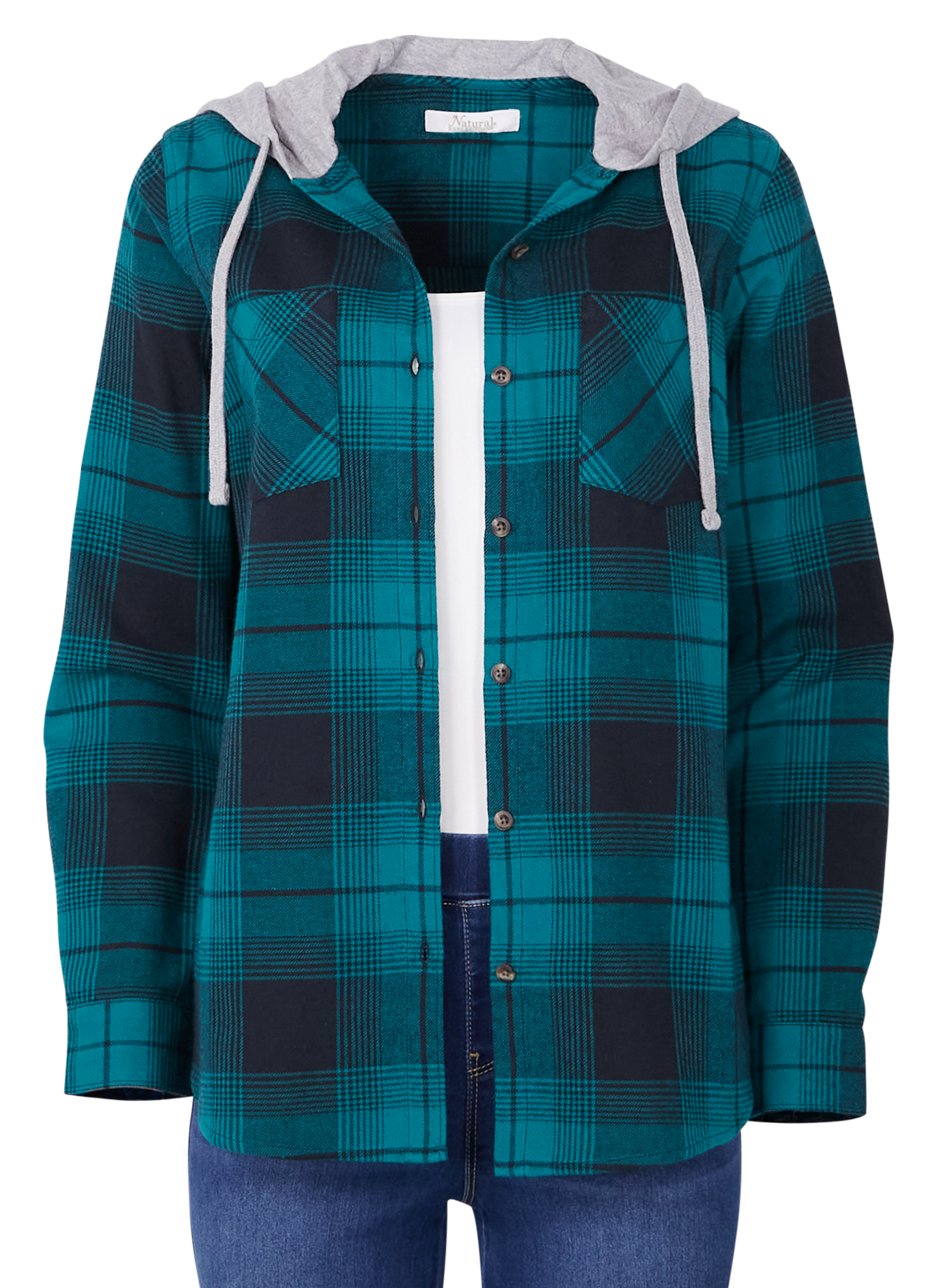 Image of Natural Reflections Hooded Flannel Long-Sleeve Shirt - Teal Green Plaid