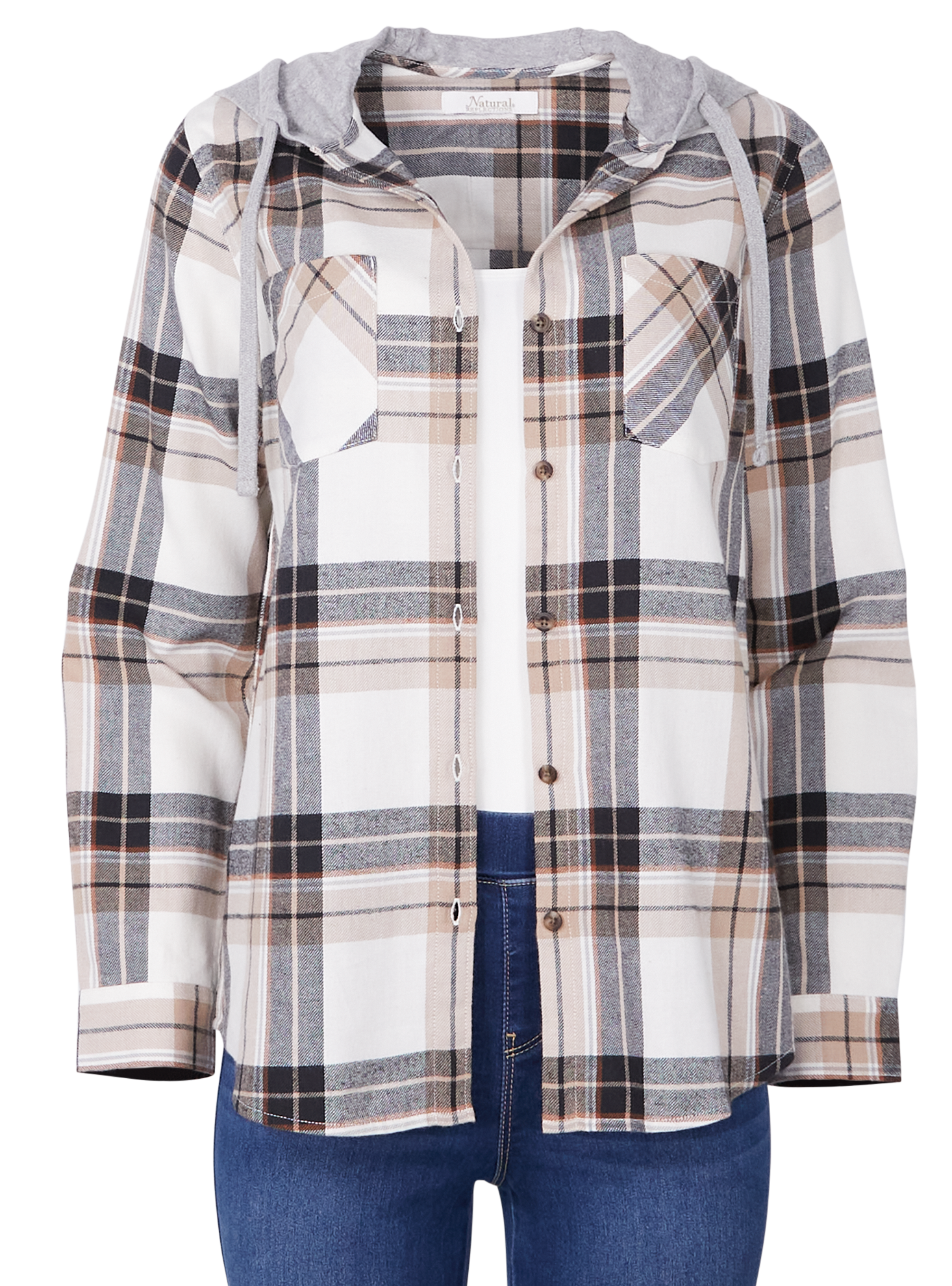 Image of Natural Reflections Hooded Flannel Long-Sleeve Shirt - Egret Plaid - L