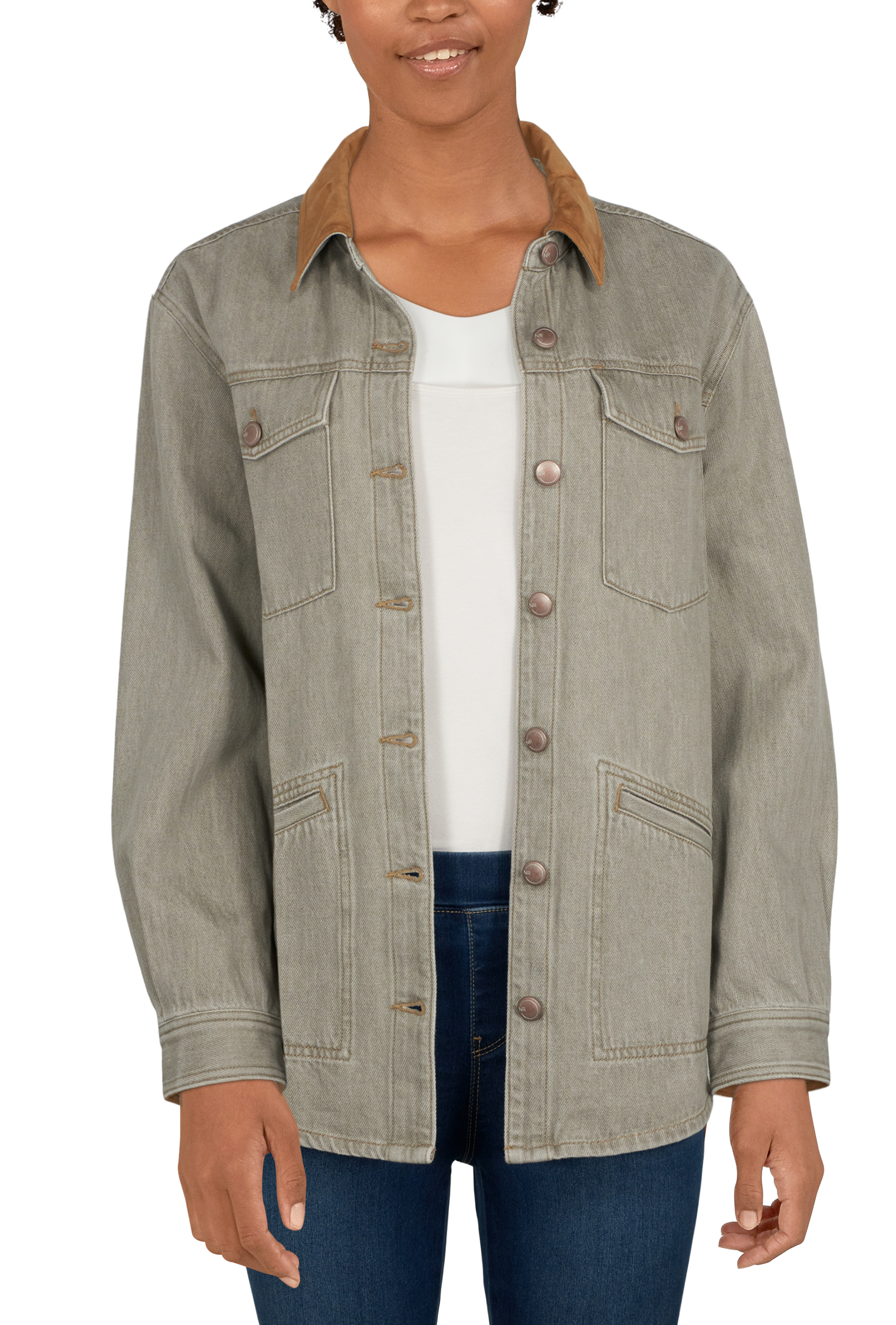 Image of Natural Reflections Denim Barn Shacket - Light Olive - 1X
