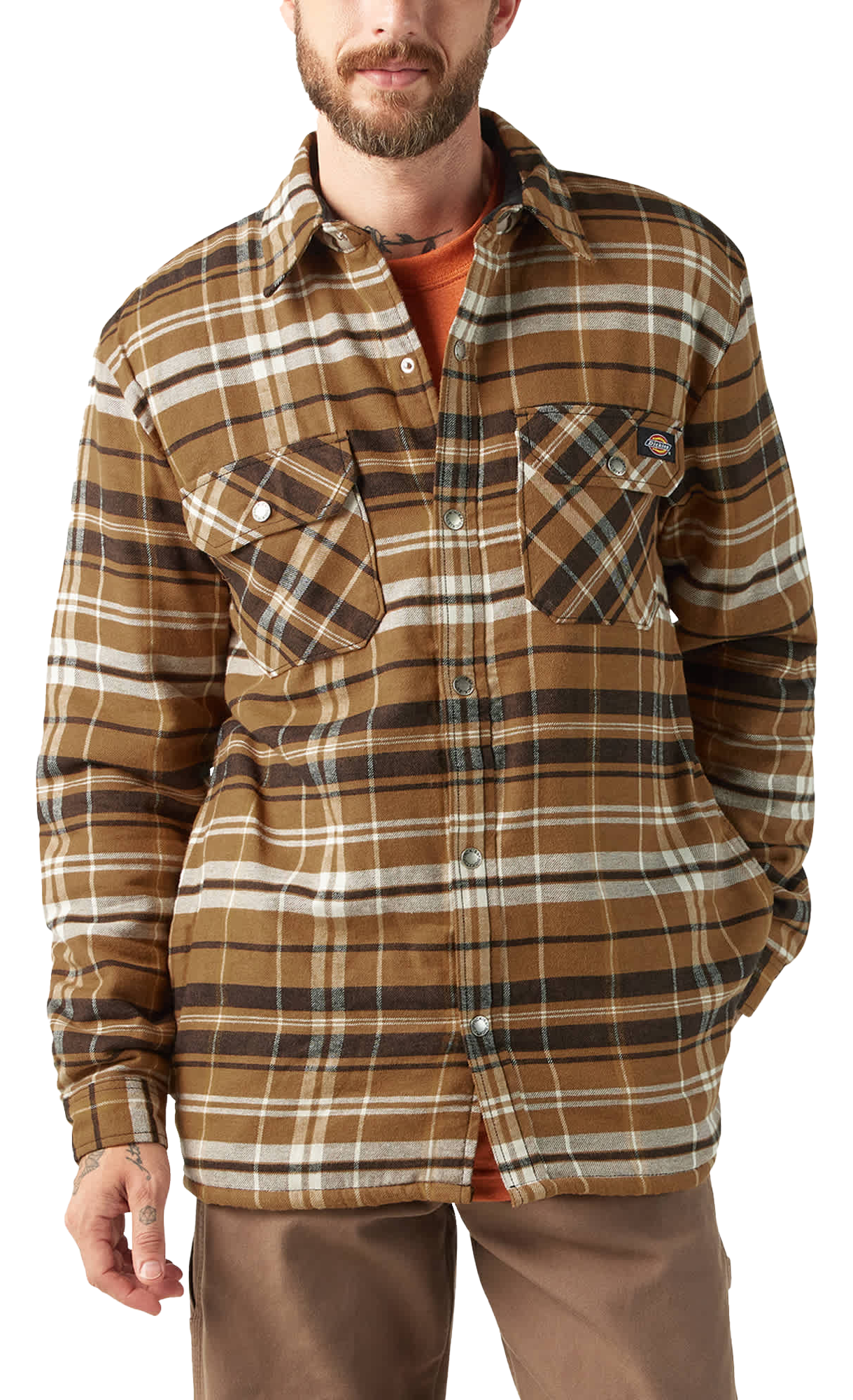 Image of Dickies Flannel Sherpa-Lined Hydroshield Shirt Jacket for Men - Brown Duck - S