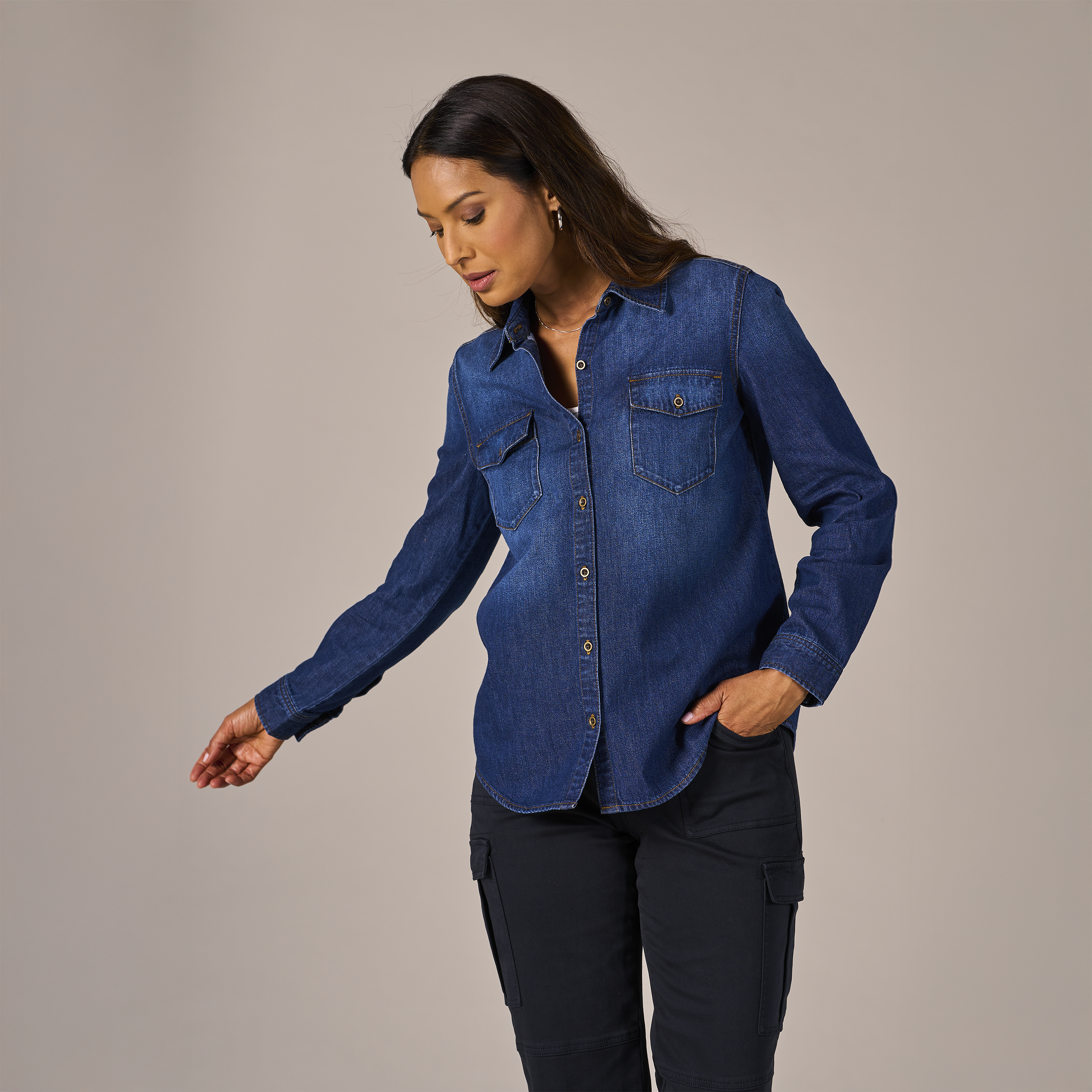 Image of Natural Reflections Denim Button-Down Long-Sleeve Shirt - Dark Wash