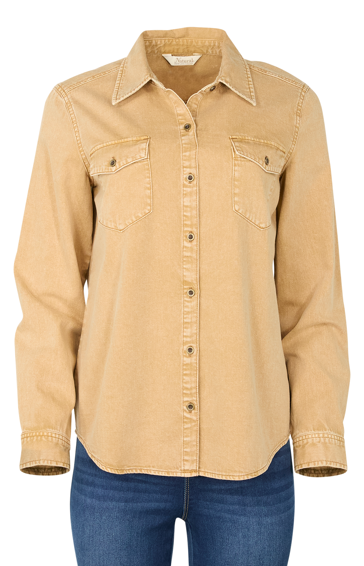 Image of Natural Reflections Denim Button-Down Long-Sleeve Shirt - Tan
