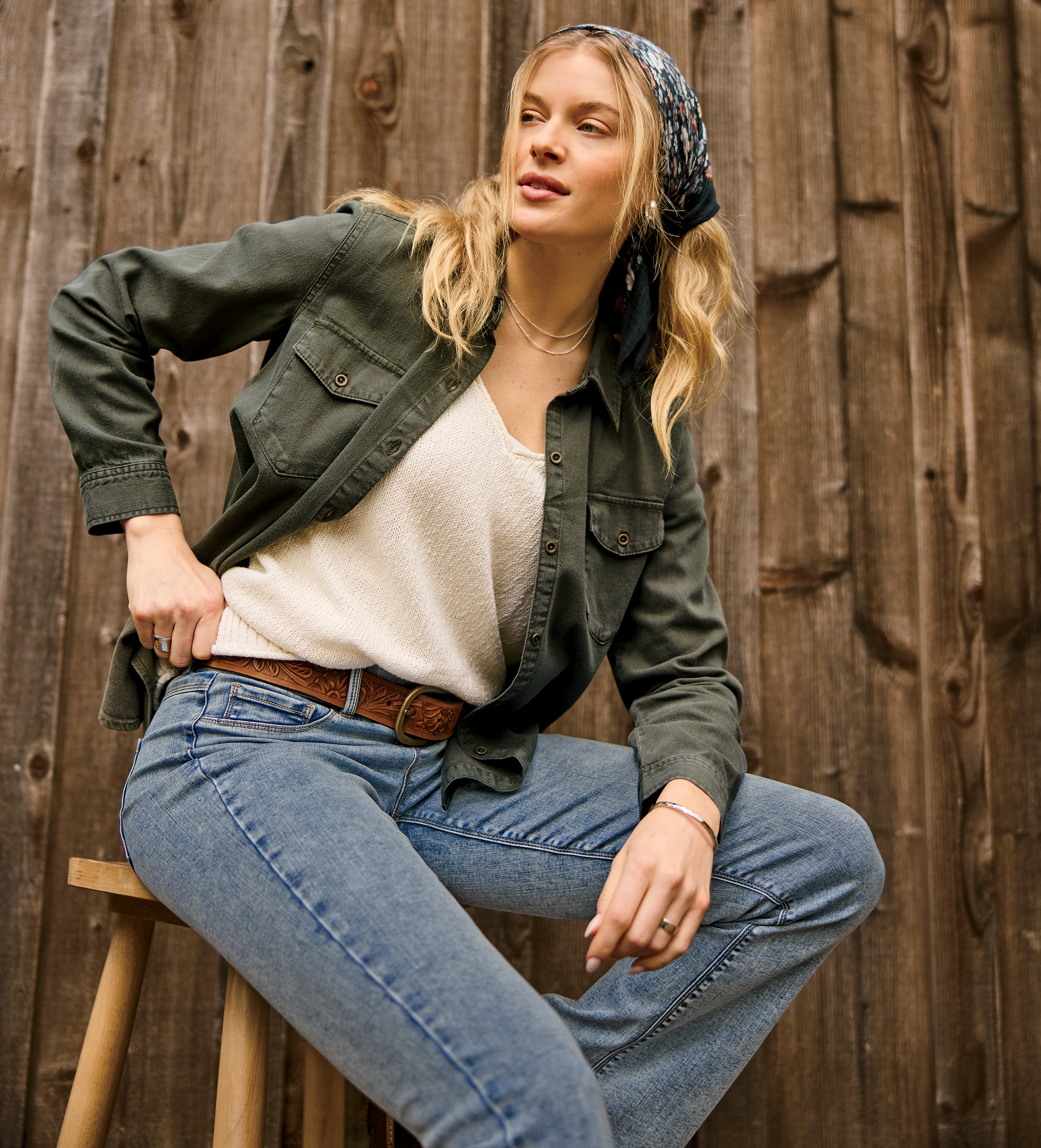 Image of Natural Reflections Denim Button-Down Long-Sleeve Shirt - Olive