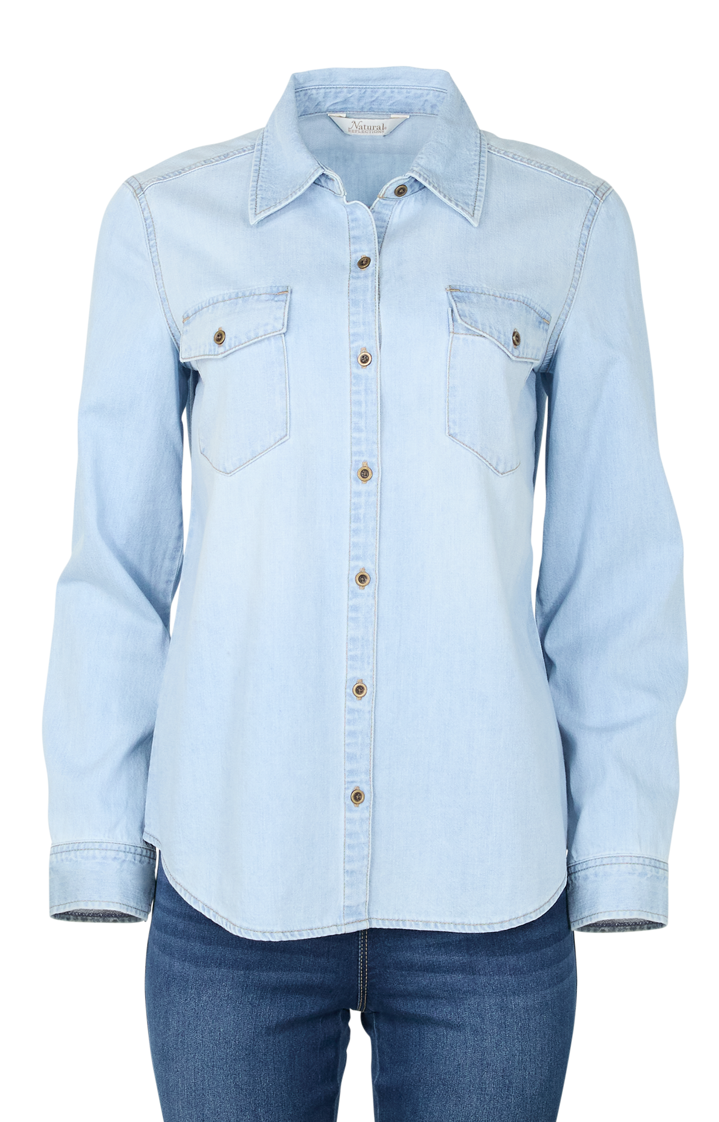 Image of Natural Reflections Denim Button-Down Long-Sleeve Shirt - Light Wash - M