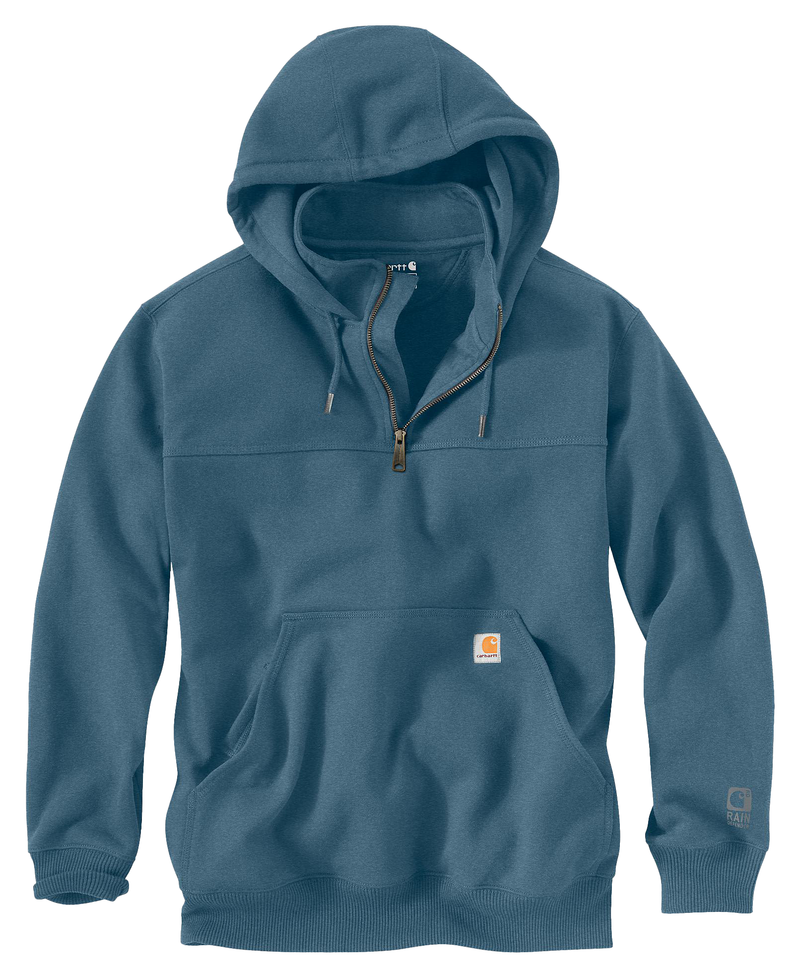 Image of Carhartt Rain Defender Loose-Fit Heavyweight Quarter-Zip Hooded Long-Sleeve Sweatshirt for Men - Storm Blue Heather - 2XLT