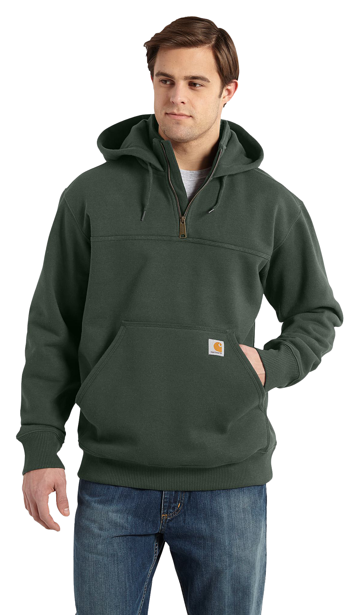 Image of Carhartt Rain Defender Loose-Fit Heavyweight Quarter-Zip Hooded Long-Sleeve Sweatshirt for Men - Forestry Green - 3XLT