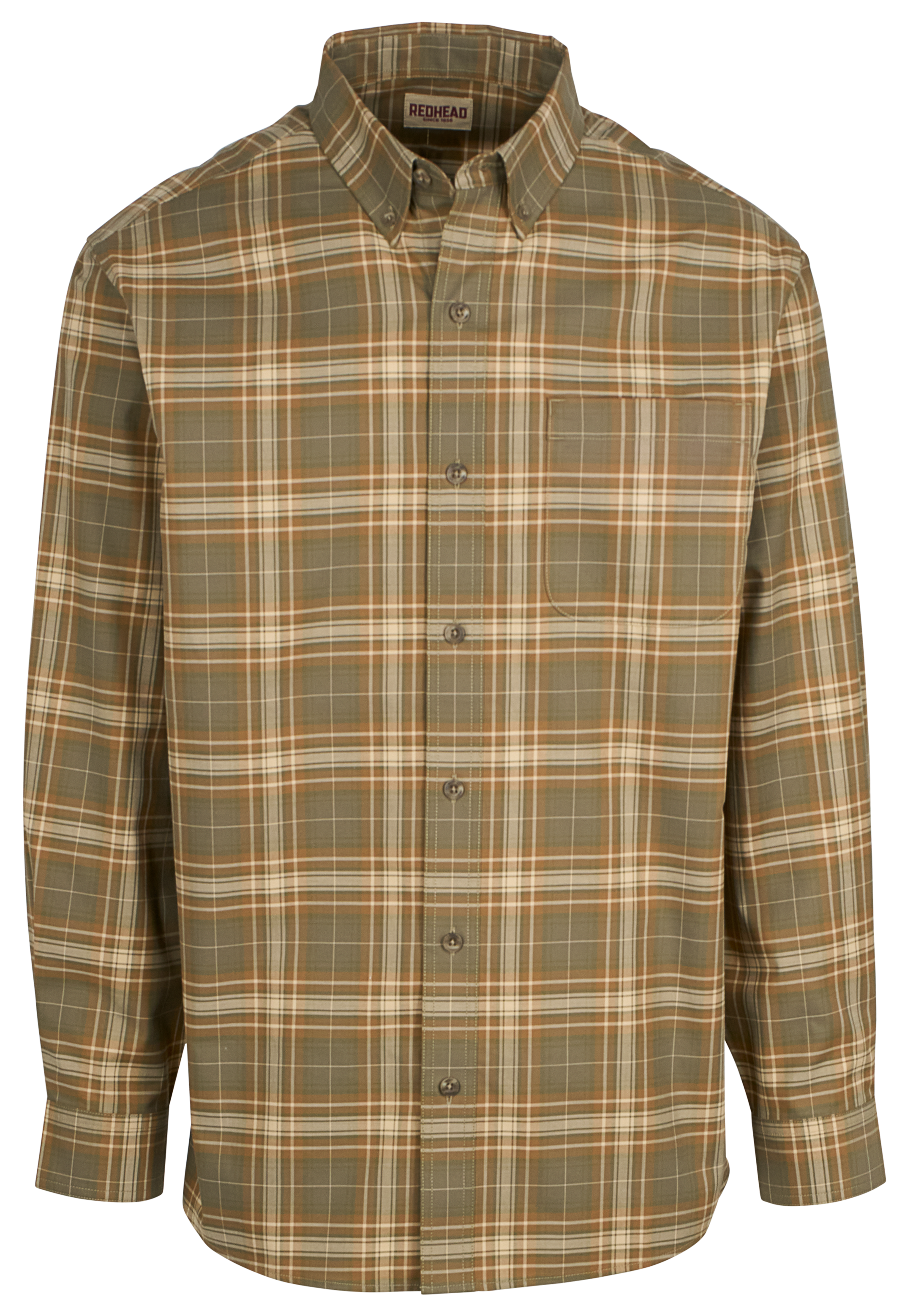 Image of RedHead Wrinkle-Free Easy-Care Button-Down Long-Sleeve Shirt - Olive Plaid