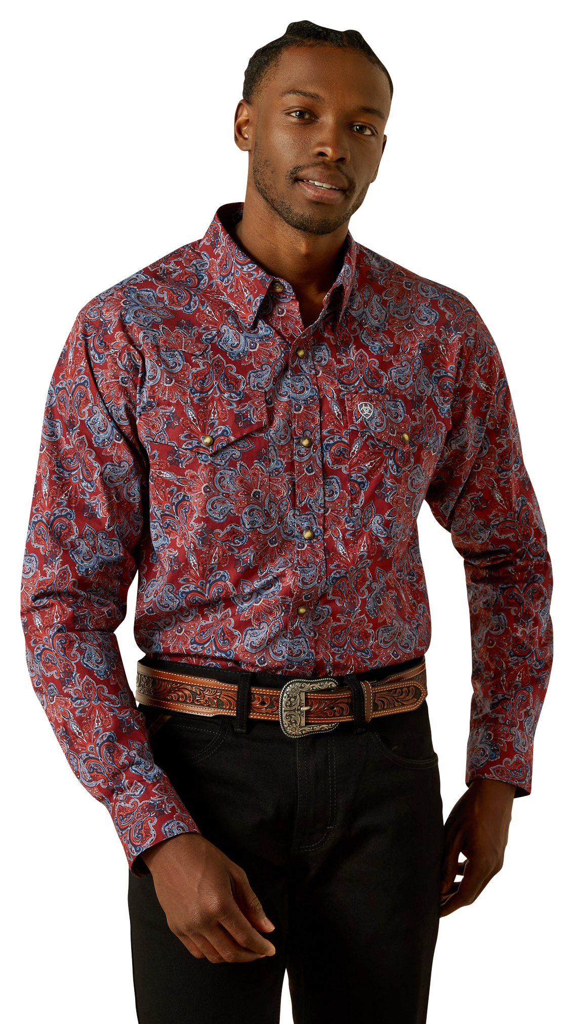 Image of Ariat Tyrone Snap-Front Fitted Long-Sleeve Shirt for Men - Dark Red