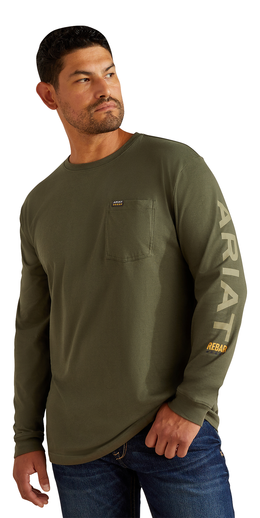 Image of Ariat Rebar Cotton Strong Standard Logo Pocket Long-Sleeve Shirt for Men - Grape Leaf/Dried Herb