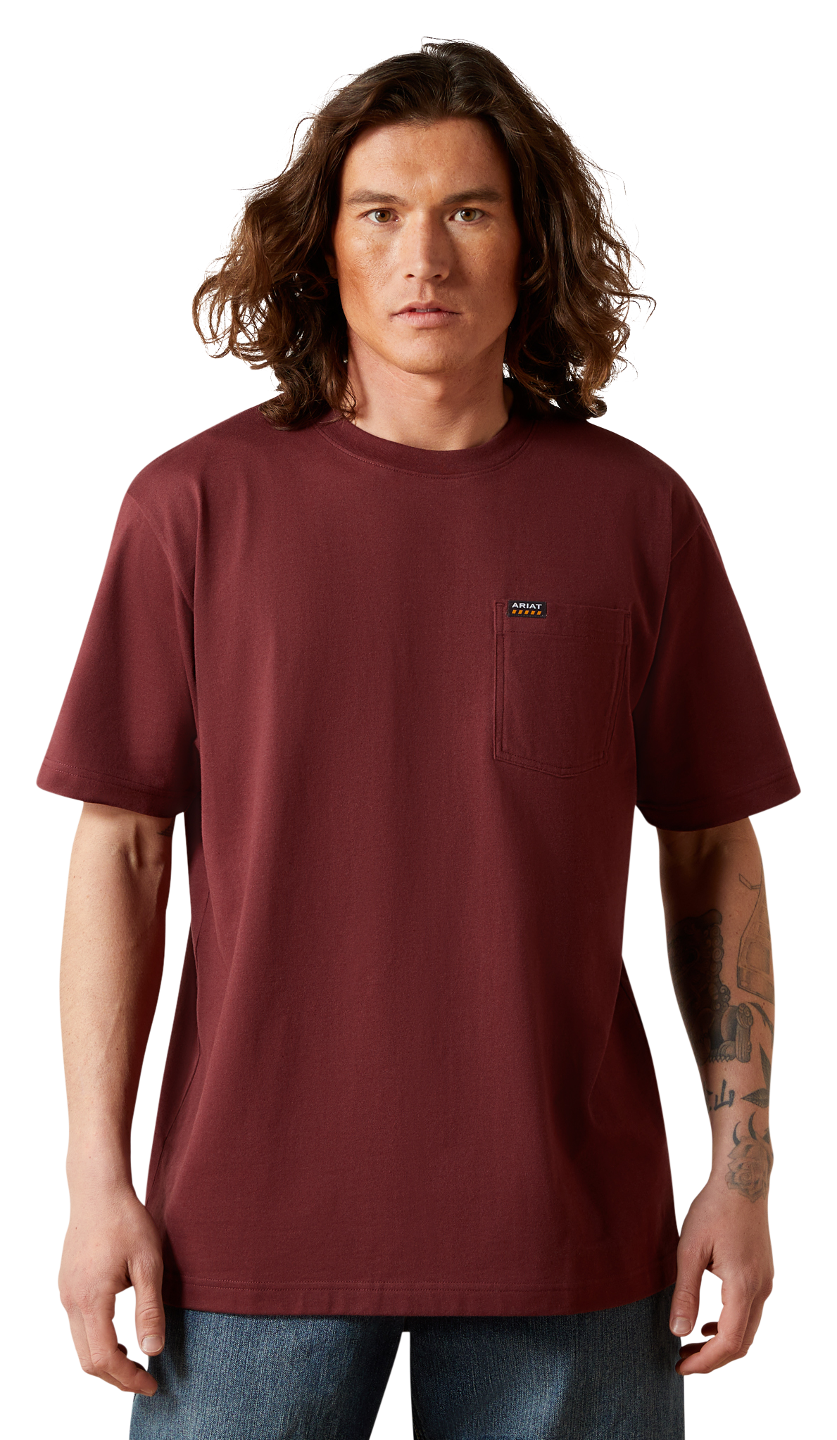 Image of Ariat Rebar Cotton Strong Standard Pocket Short-Sleeve T-Shirt for Men - Burgundy Heat