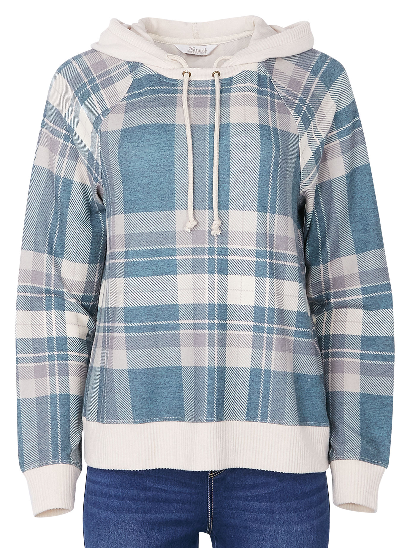 Image of Natural Reflections Plaid Sweater-Knit Hoodie for Ladies - Deep Teal Heather - 1X