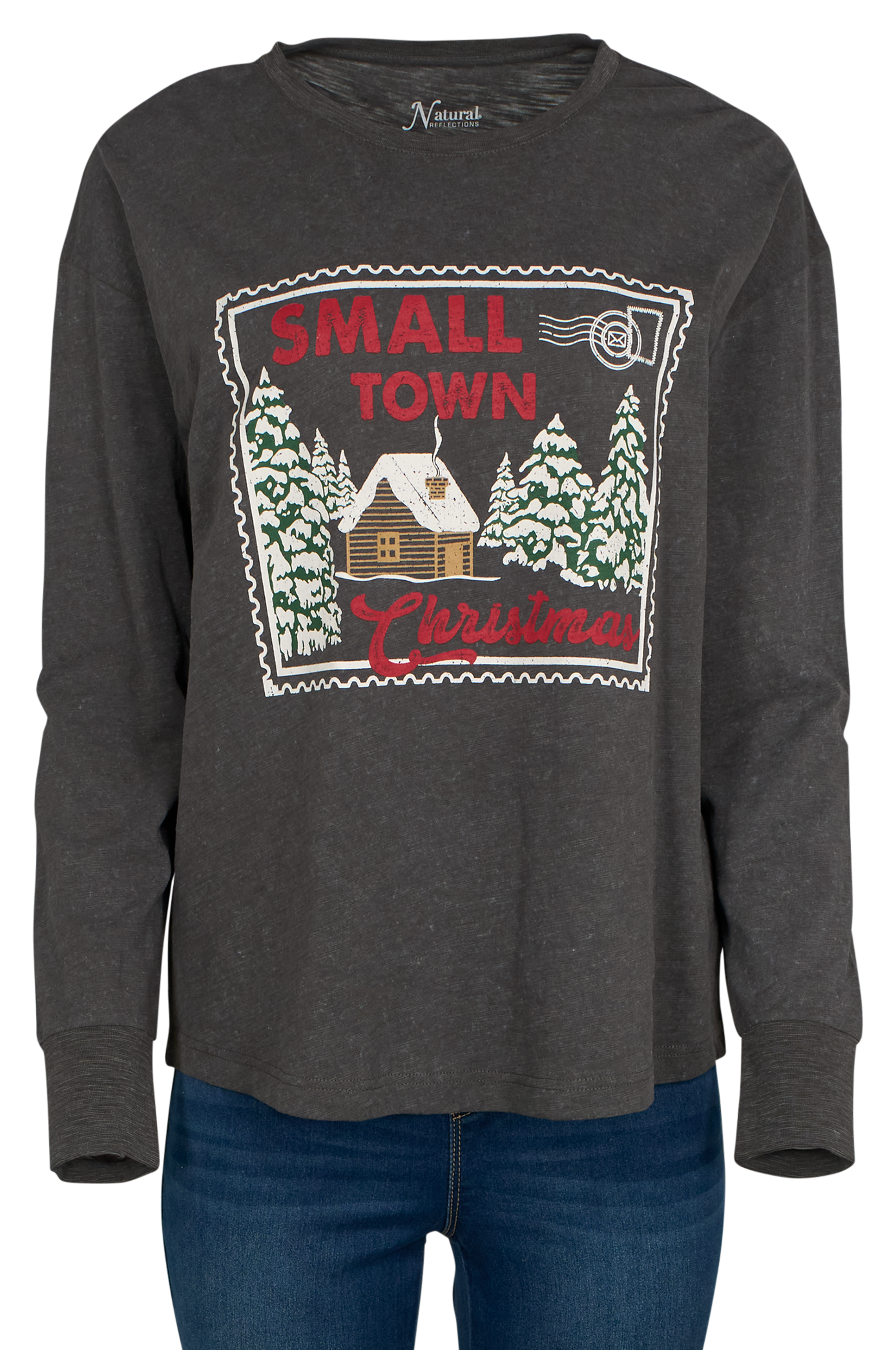Image of Natural Reflections Small Town Christmas Long-Sleeve T-Shirt - Raven