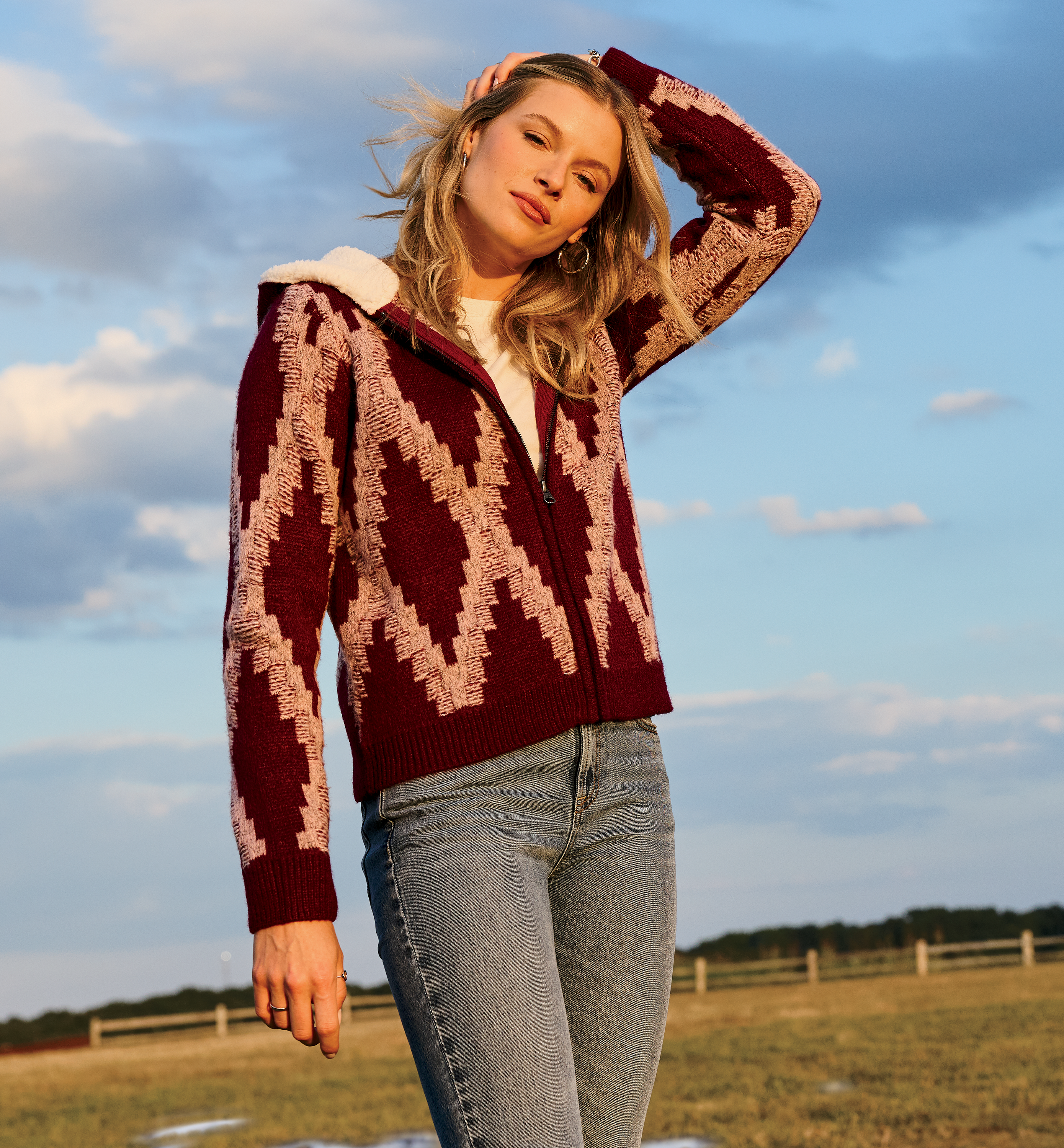 Image of Natural Reflections Sherpa Hooded Full-Zip Jacket - Burgundy Combo - M