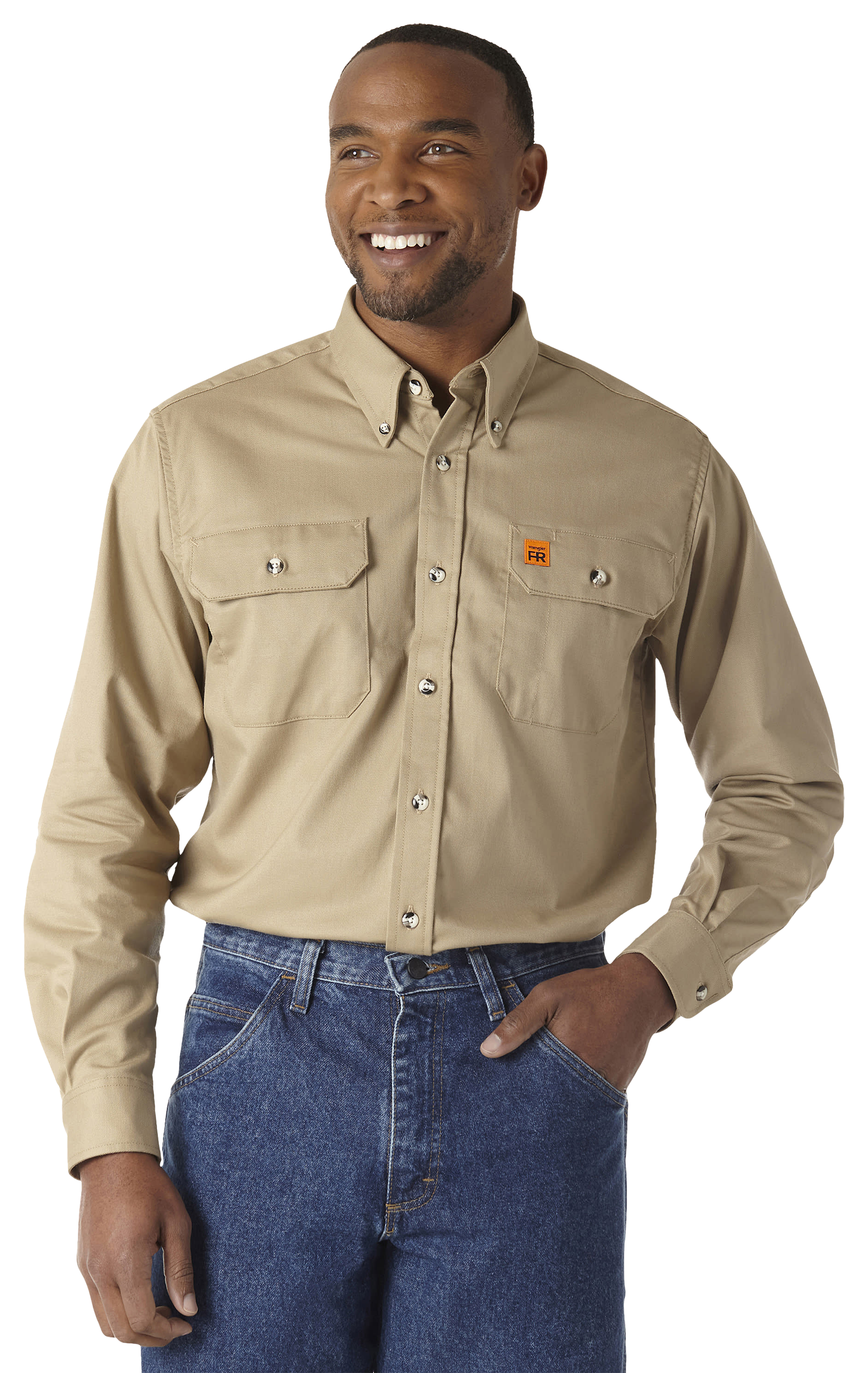 Wrangler Riggs Workwear Wrangler Riggs Workwear FR Flame-Resistant Long-Sleeve Button-Down Shirt with 2 Flap Pockets for Men - Khaki - $84.99 at Bass Pro Shops