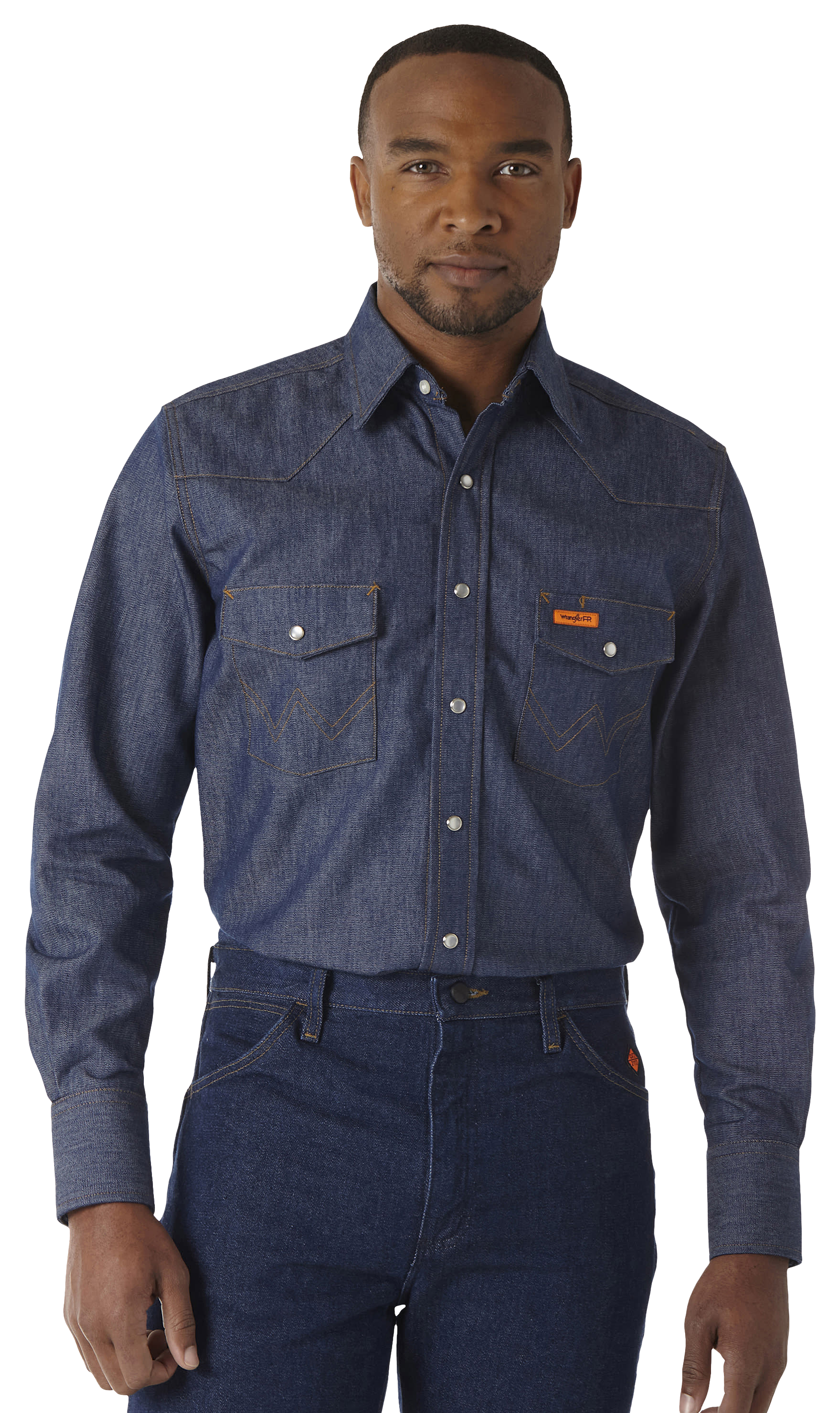 Image of Wrangler Flame-Resistant Western Snap Plaid Long-Sleeve Shirt for Men - Denim