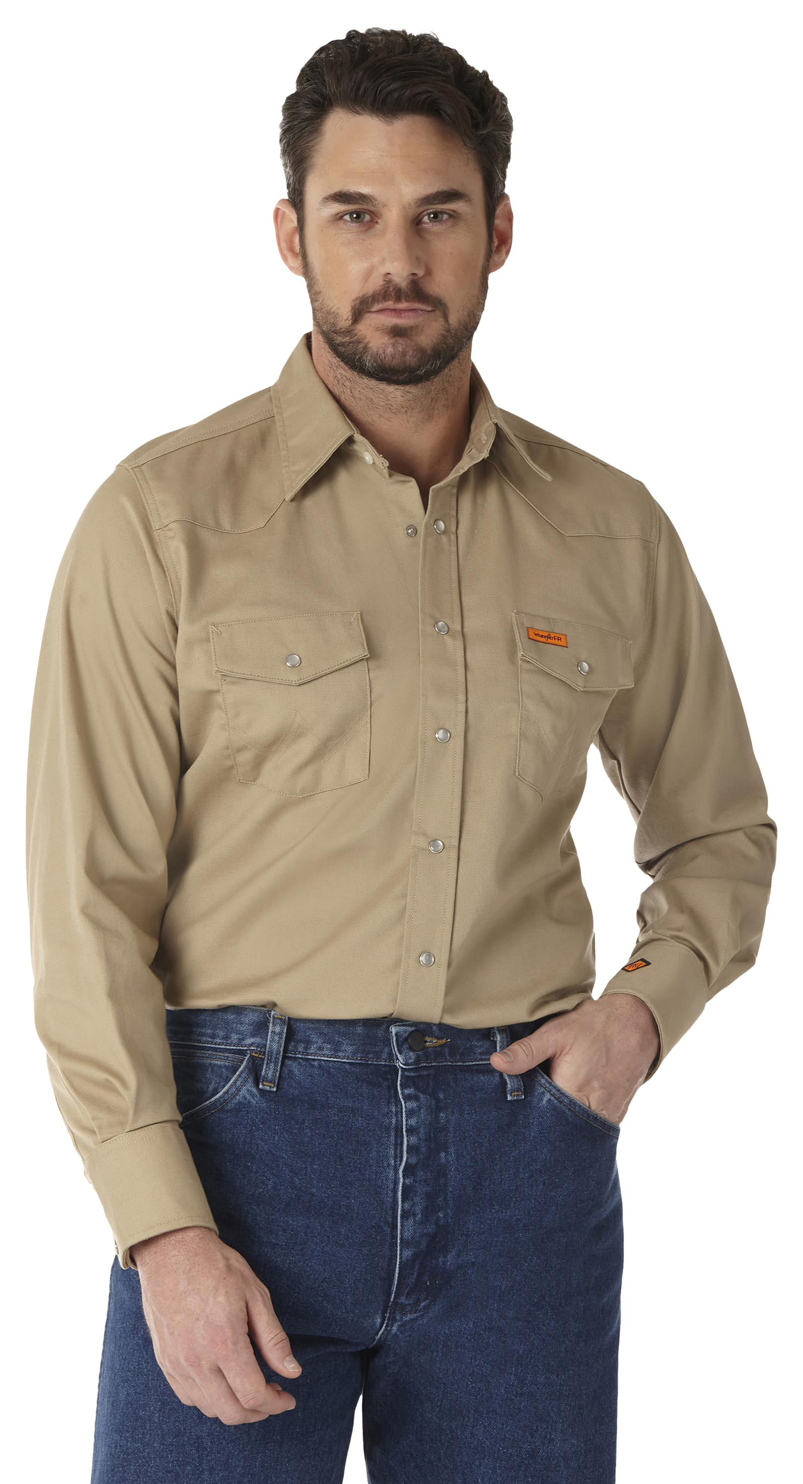 Image of Wrangler Flame-Resistant Western Snap Plaid Long-Sleeve Shirt for Men - Khaki