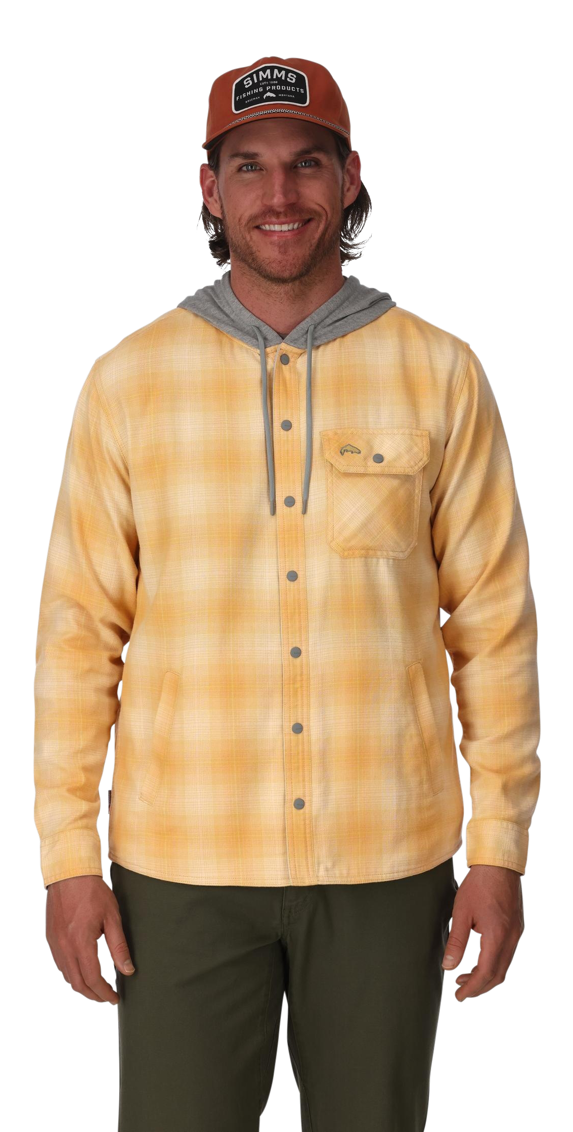 Image of Simms Santee Flannel Long-Sleeve Hoodie for Men - Ely Plaid/Baltic Amber - M