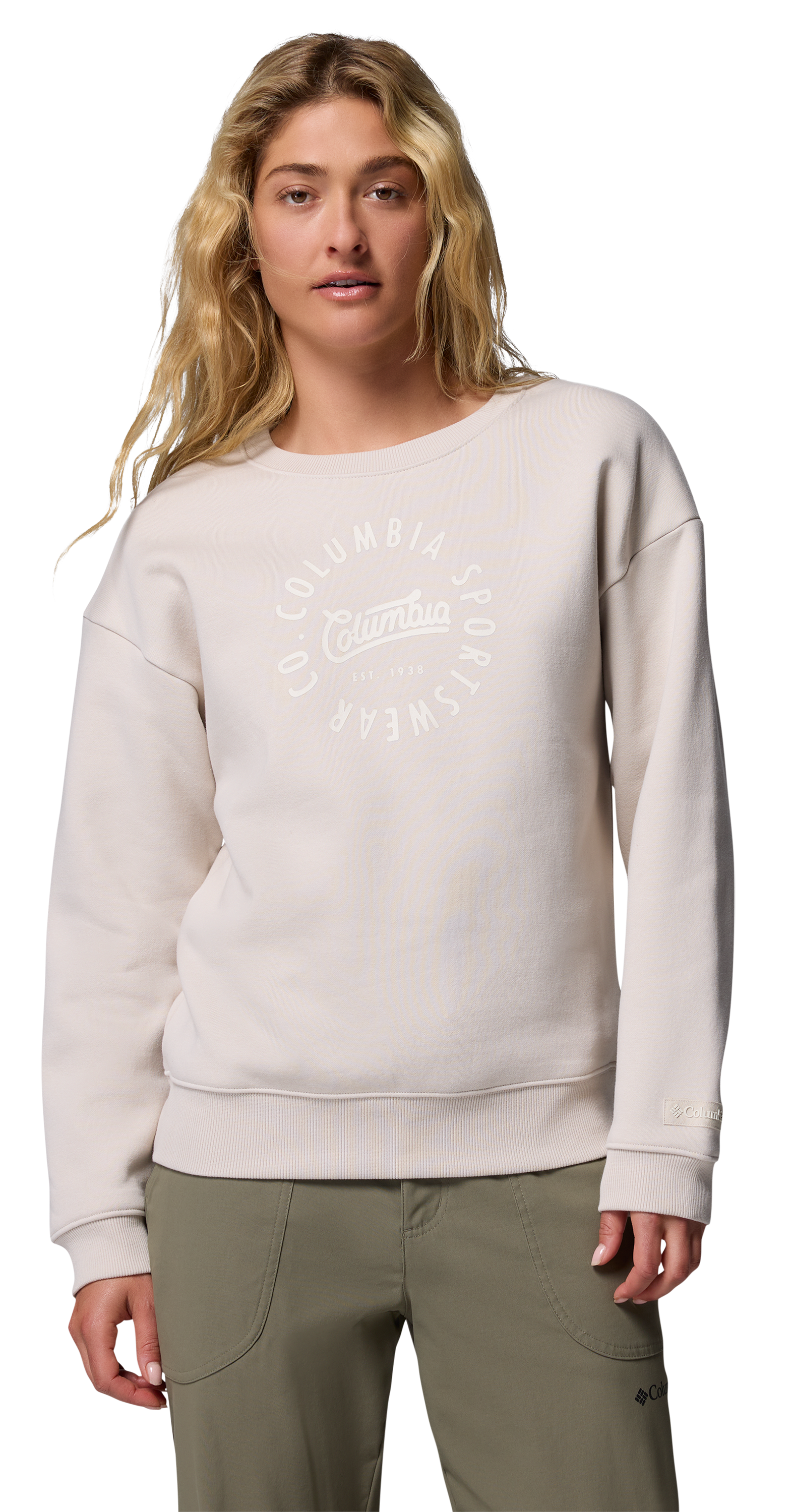 Image of Columbia Meridian Creek All Around Graphic Crew-Neck Sweatshirt for Ladies - Dark Stone/Columbia All Around - XL