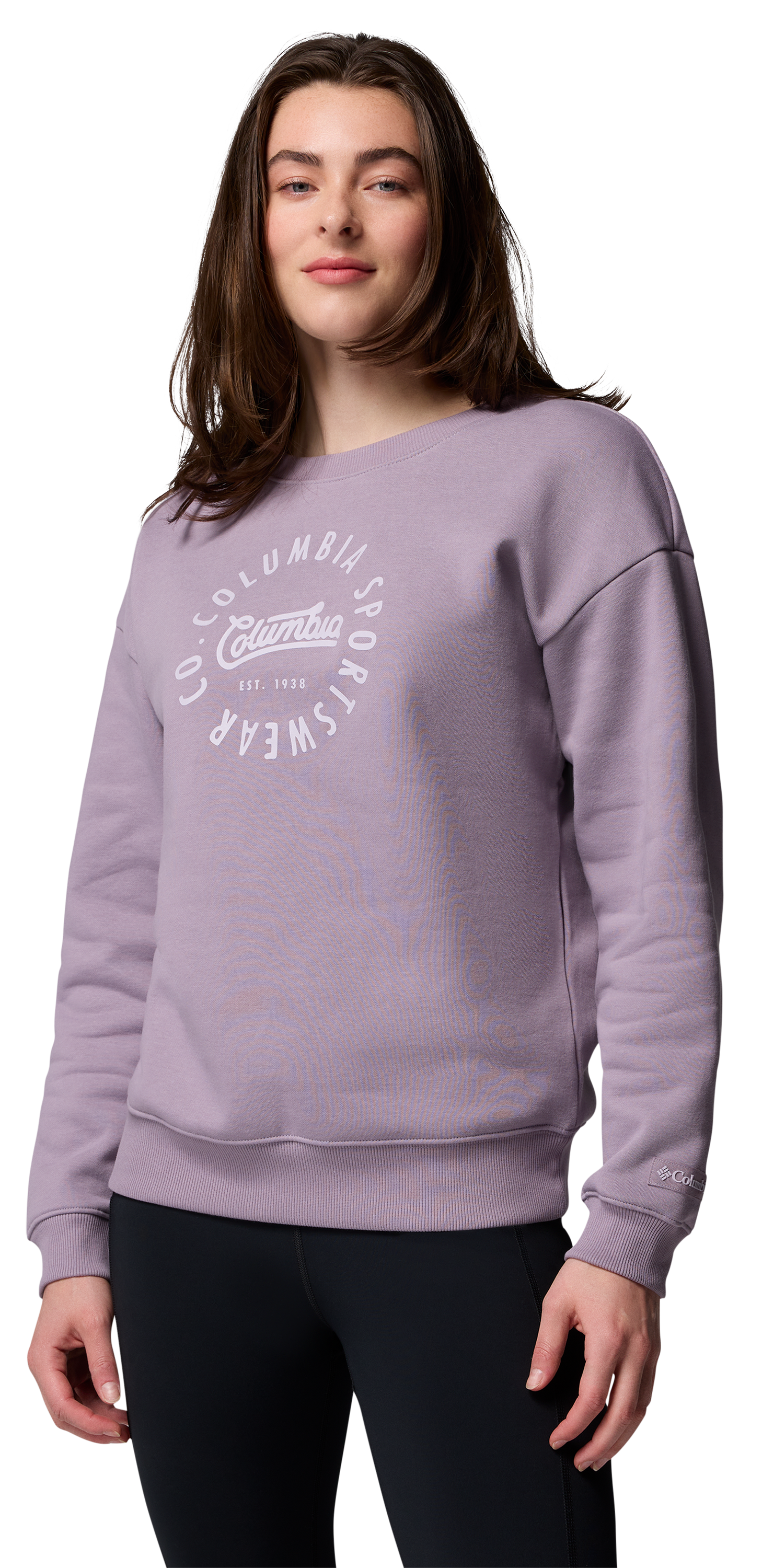 Image of Columbia Meridian Creek All Around Graphic Crew-Neck Sweatshirt for Ladies - Shale Purple/Columbia All Around