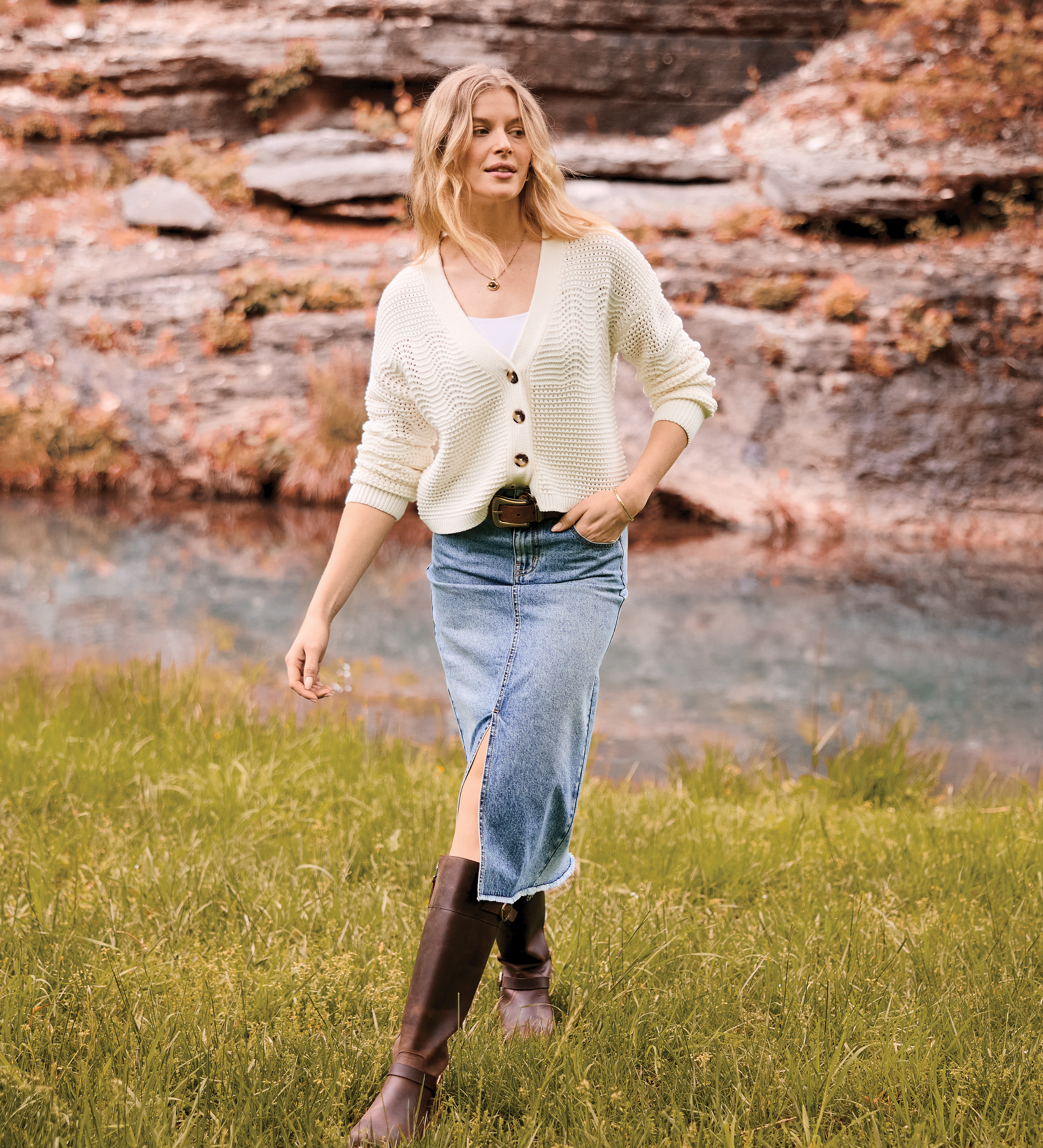 Image of Natural Reflections Denim Midi Skirt - Medium Wash - 10