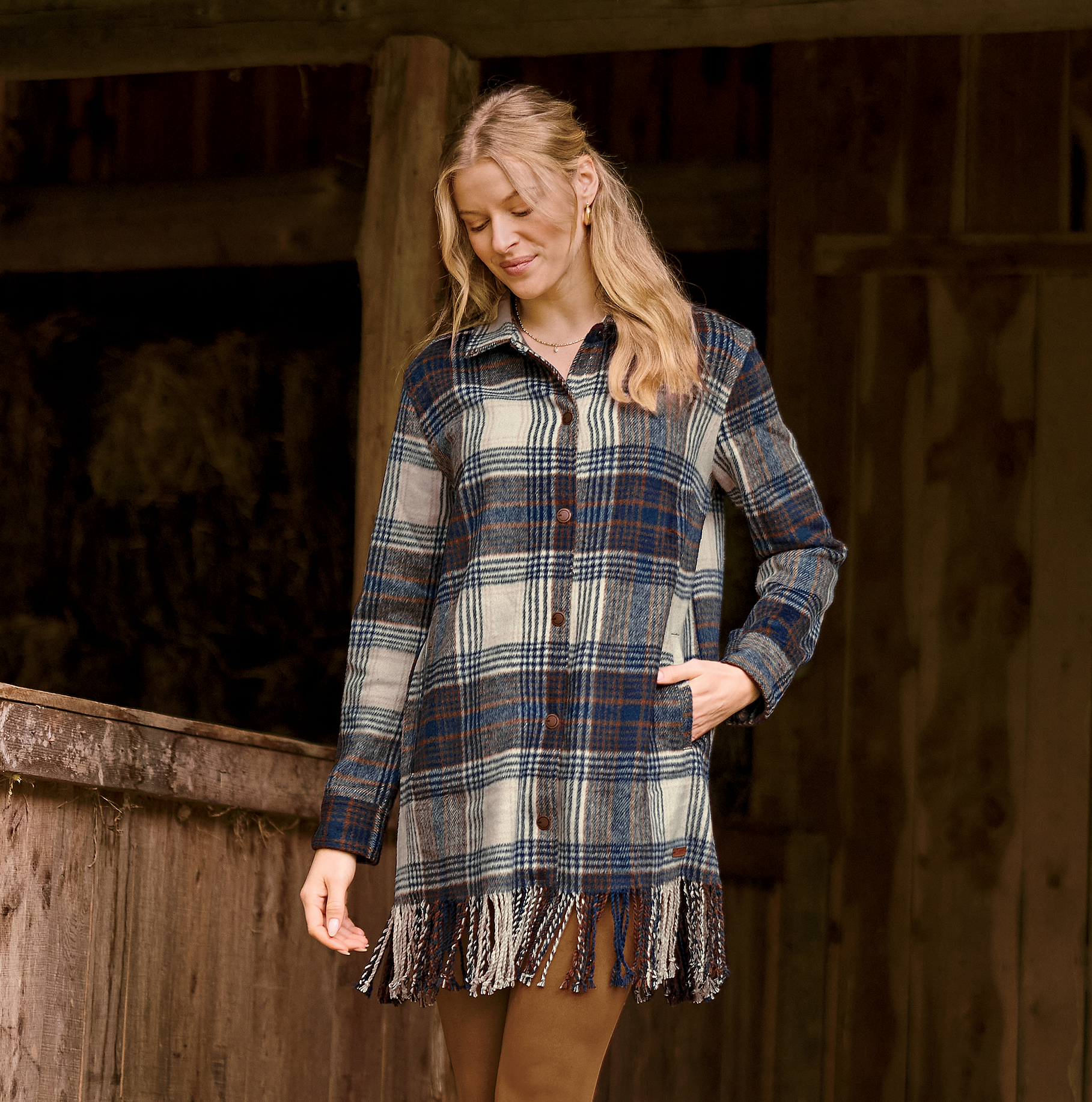 Image of Natural Reflections Plaid Fringe Shirt Jacket for Ladies - Dress Blues Plaid - S